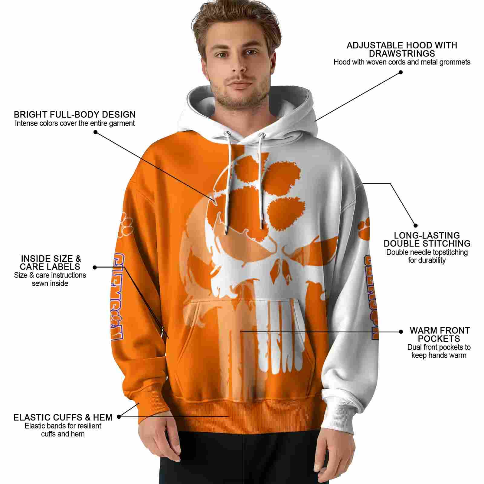 clemson tigers graphic punisher orange white hoodie latest model