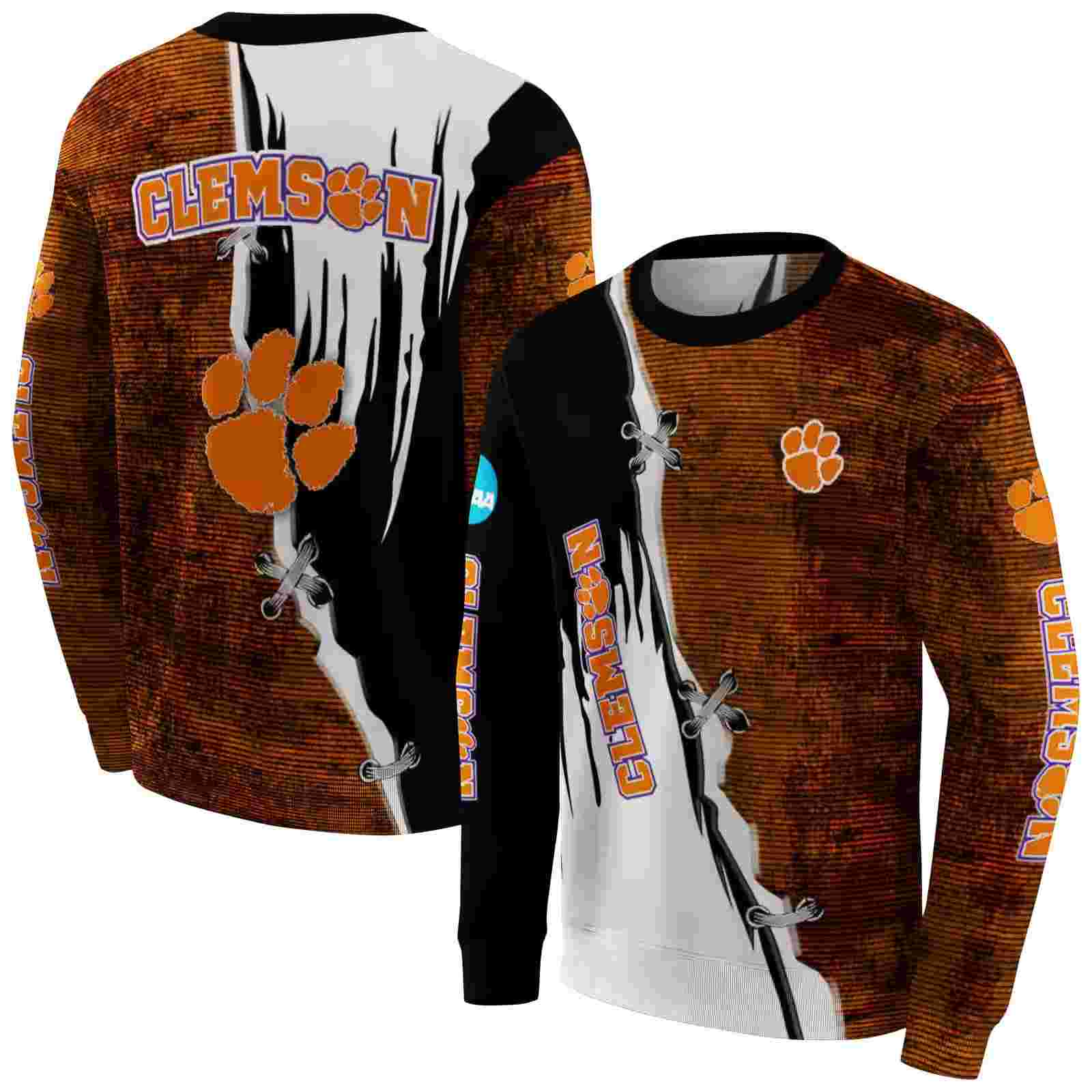 clemson tigers ripped pattern orange black white hoodie premium grade