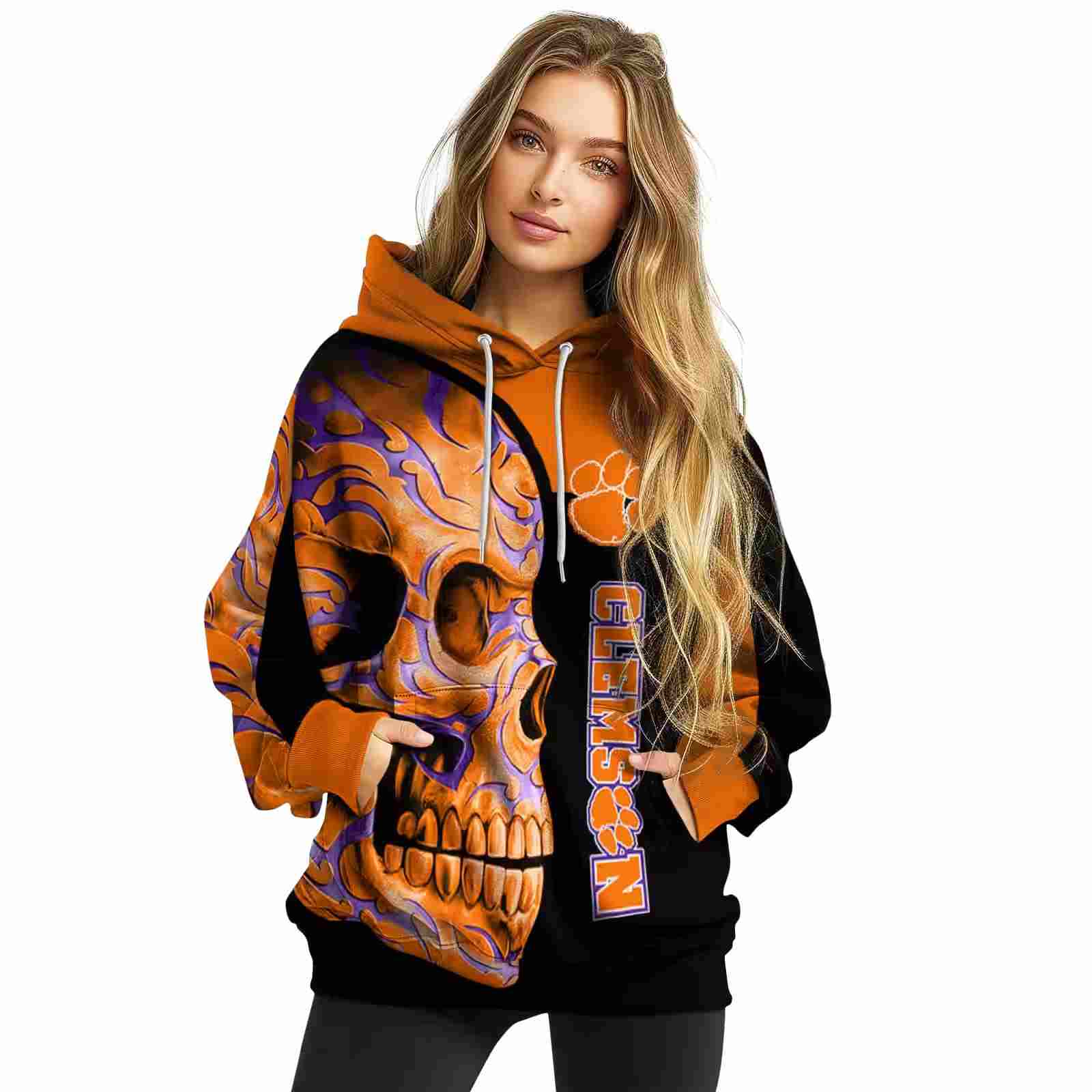 clemson tigers skull motif orange black hoodie high quality