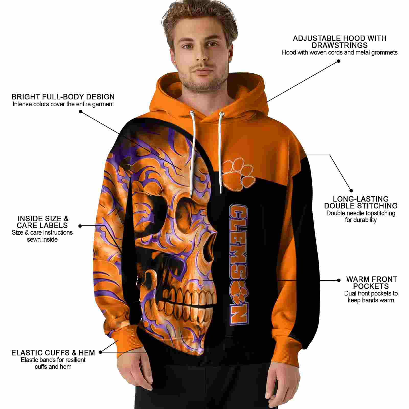 clemson tigers skull motif orange black hoodie latest model