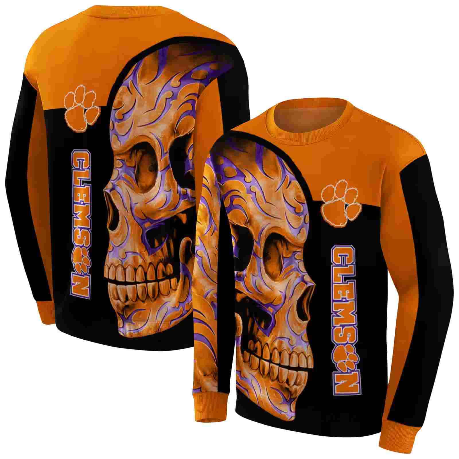 clemson tigers skull motif orange black hoodie premium grade