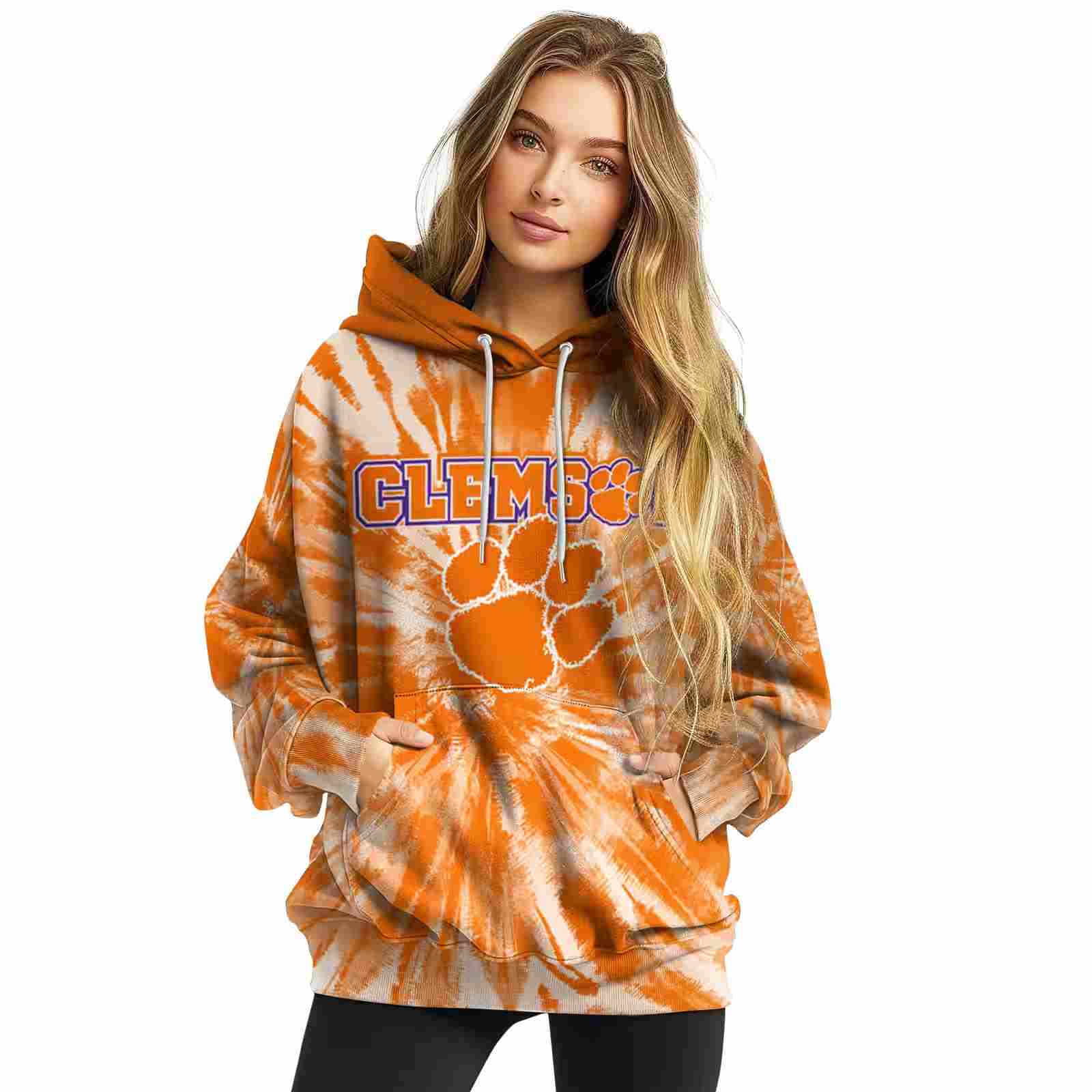 clemson tigers tie dye pattern orange hoodie high quality