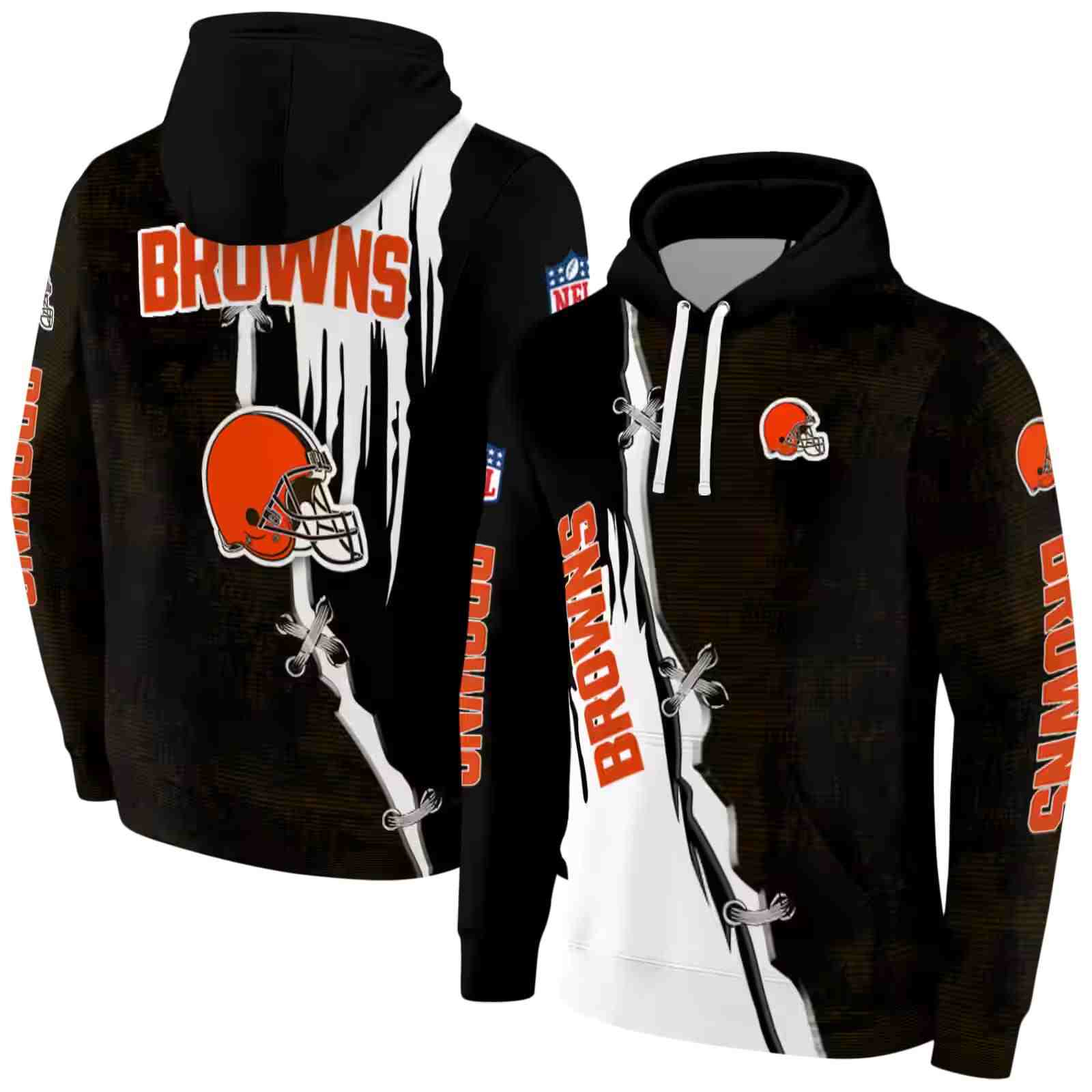 cleveland browns ripped pattern brown black white hoodie fashion forward