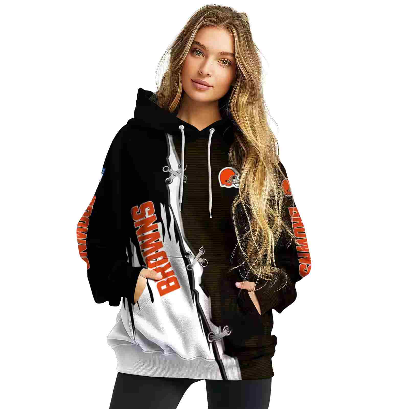 cleveland browns ripped pattern brown black white hoodie high quality