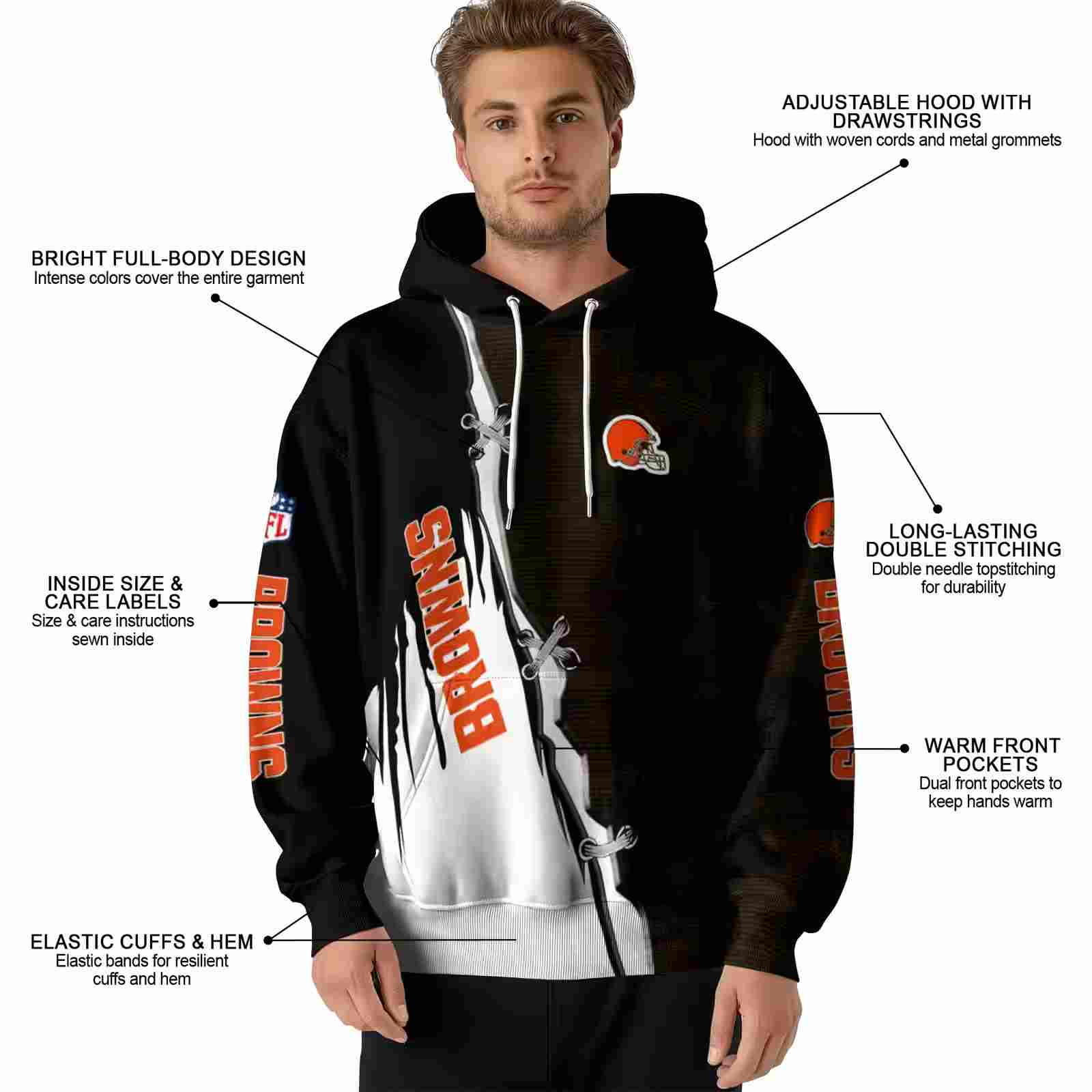 cleveland browns ripped pattern brown black white hoodie latest model