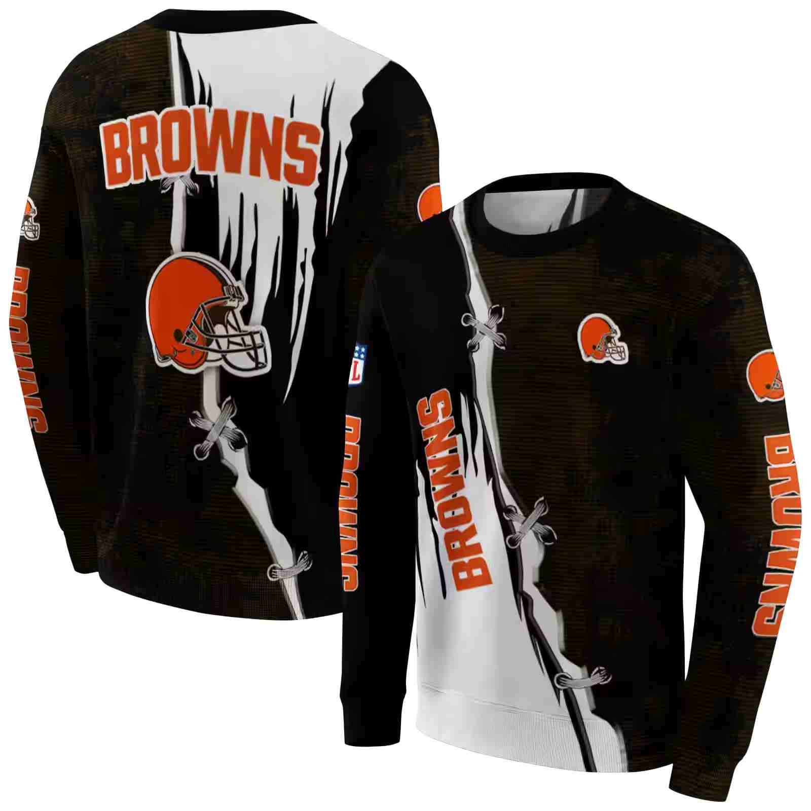 cleveland browns ripped pattern brown black white hoodie premium grade