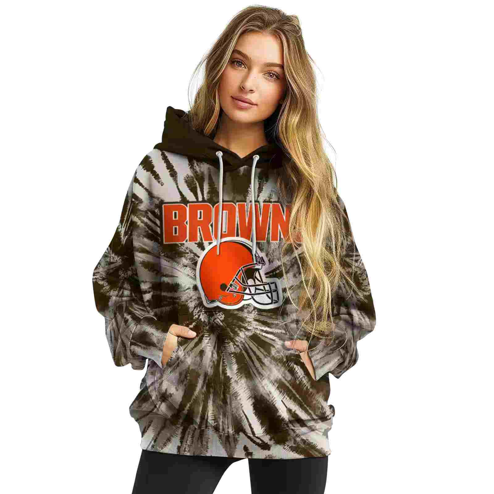 cleveland browns tie dye pattern brown hoodie high quality