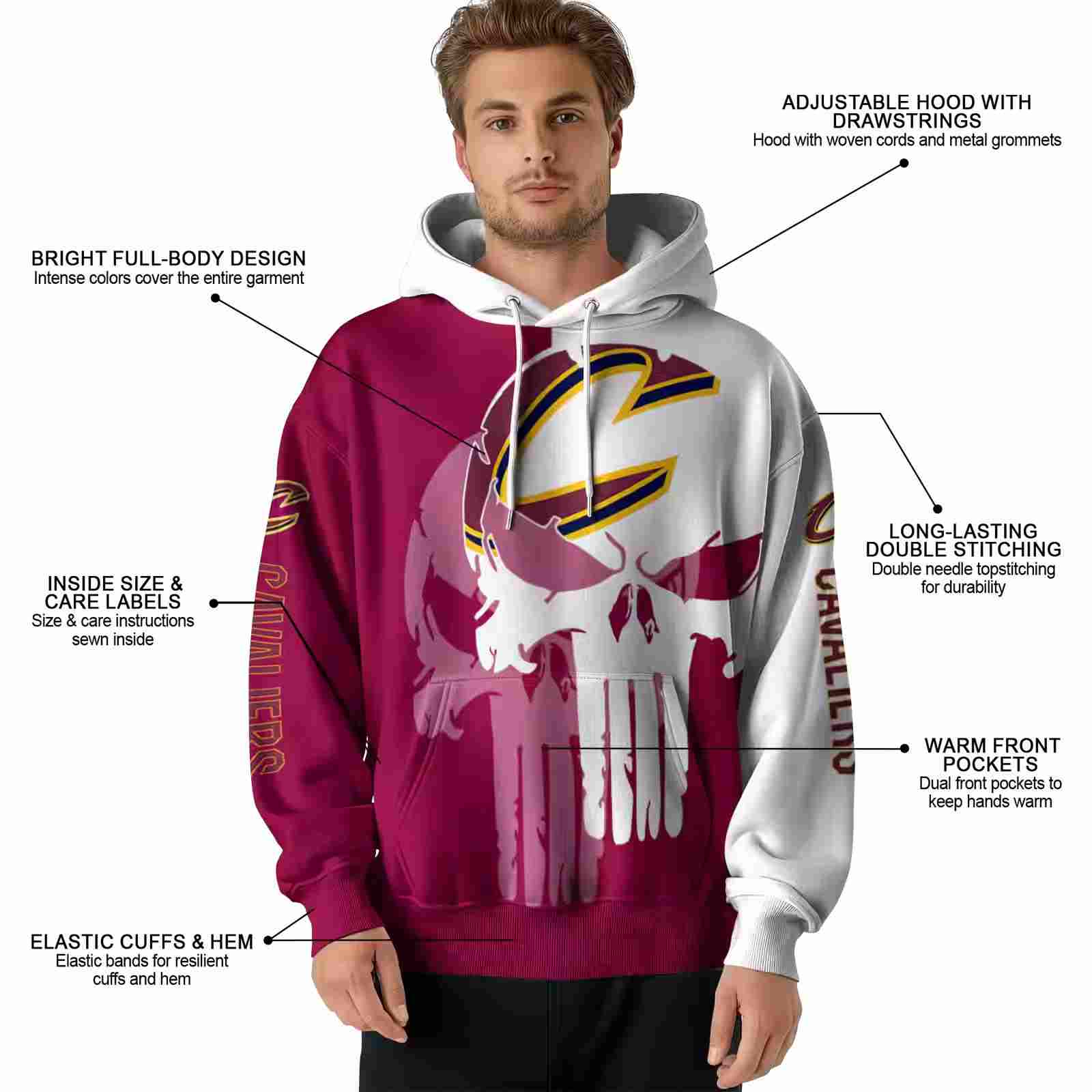 cleveland cavaliers graphic punisher wine white hoodie latest model