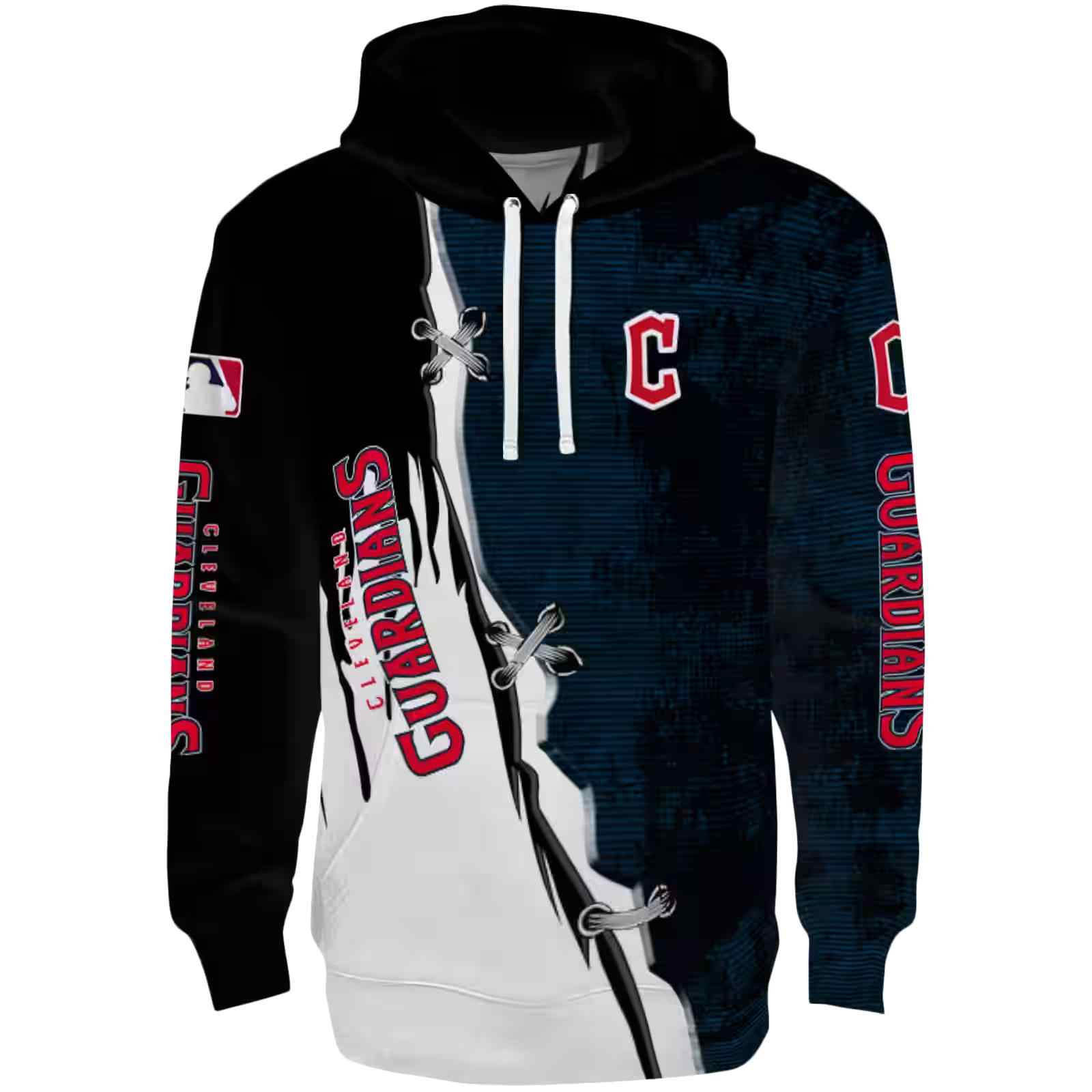 Cleveland Guardians Ripped Pattern Navy Blue Black White Hoodie