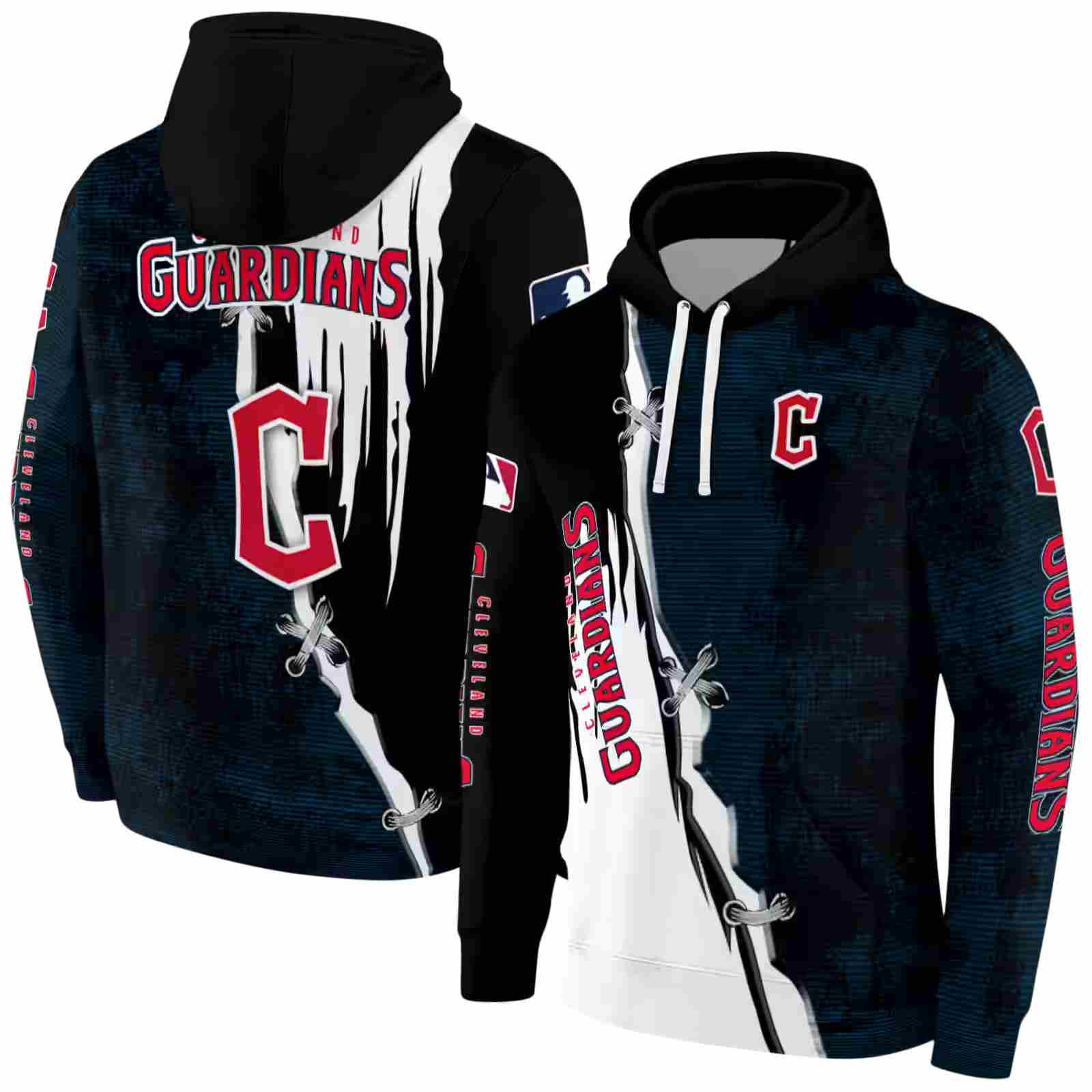 cleveland guardians ripped pattern navy blue black white hoodie fashion forward