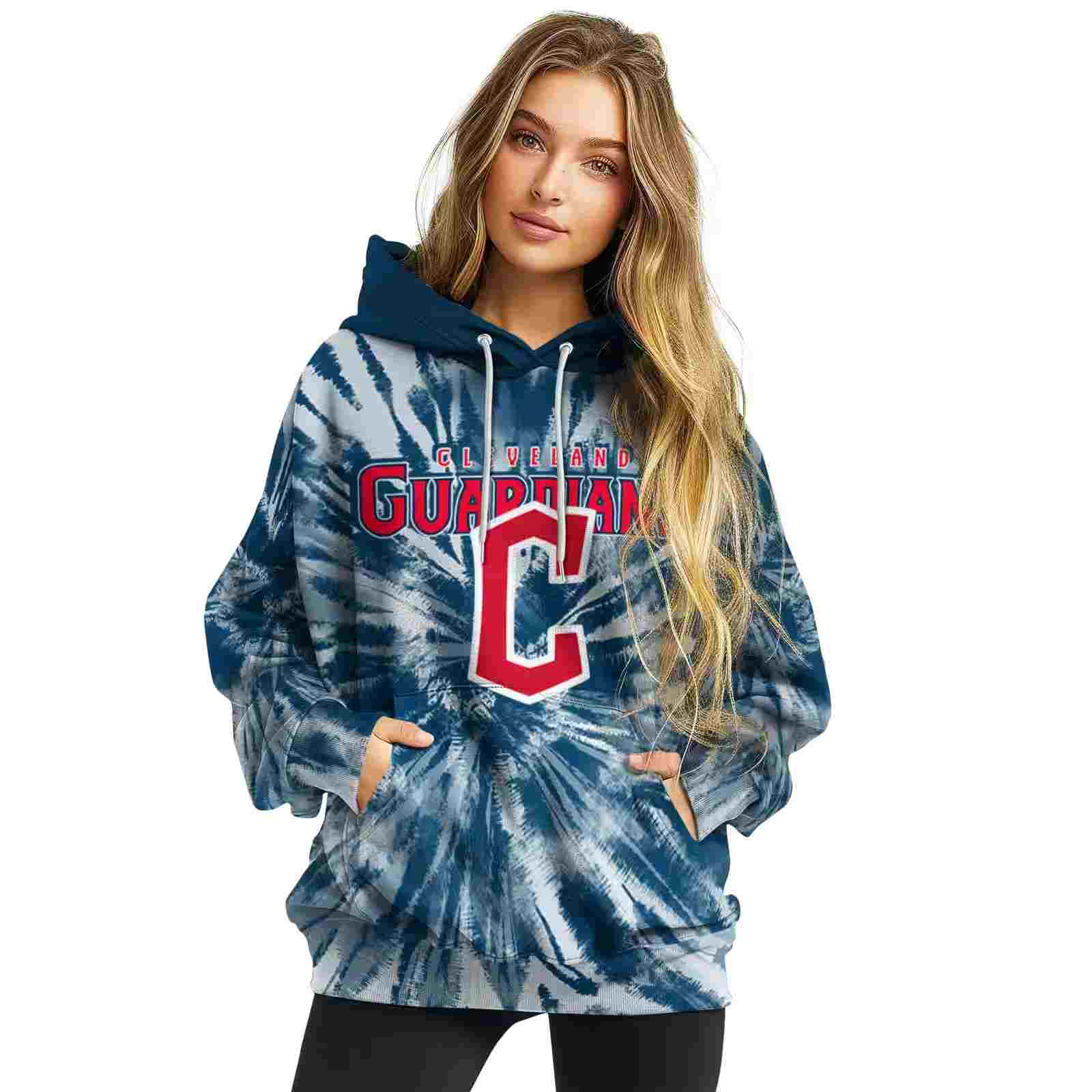 cleveland guardians tie dye pattern navy blue hoodie high quality