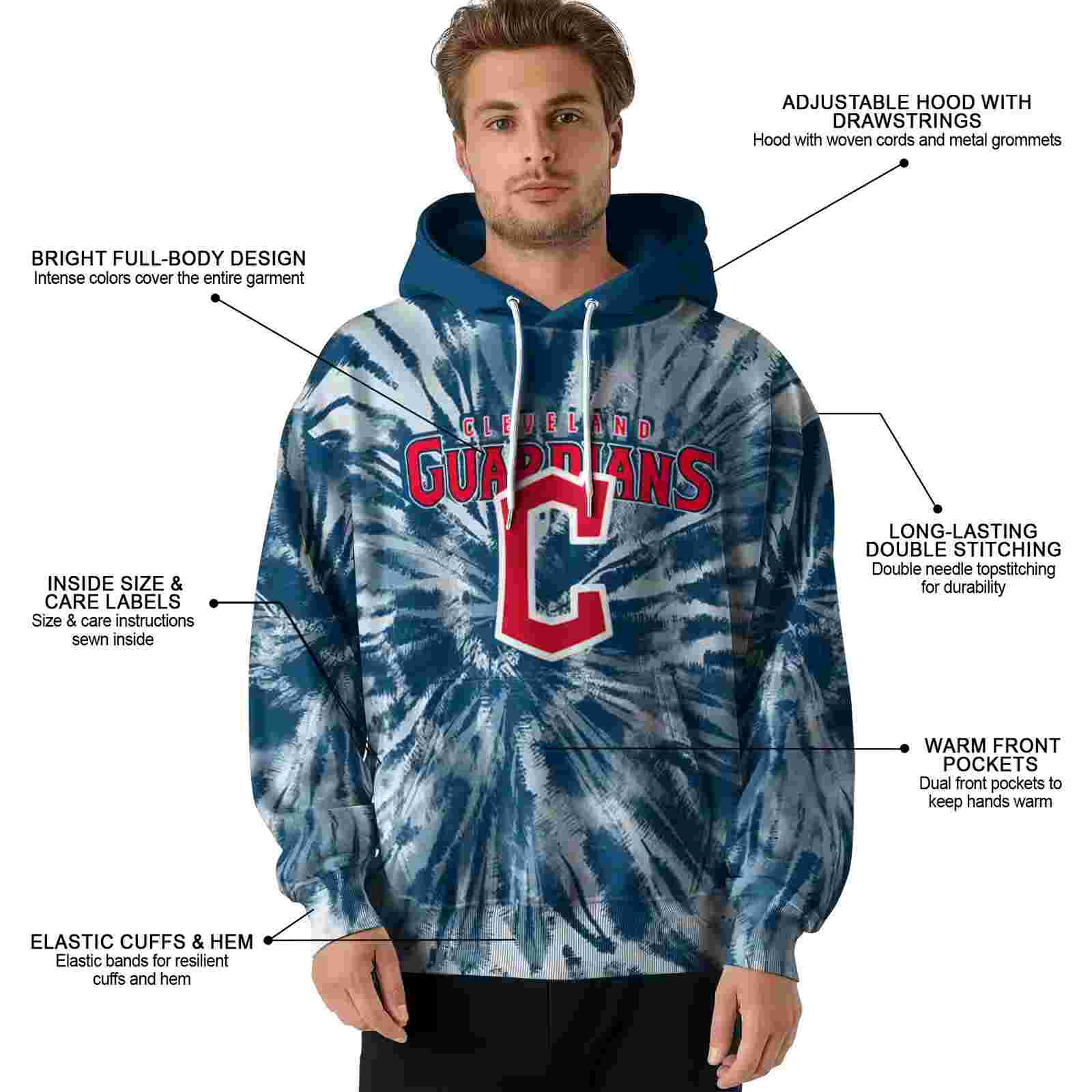 cleveland guardians tie dye pattern navy blue hoodie latest model