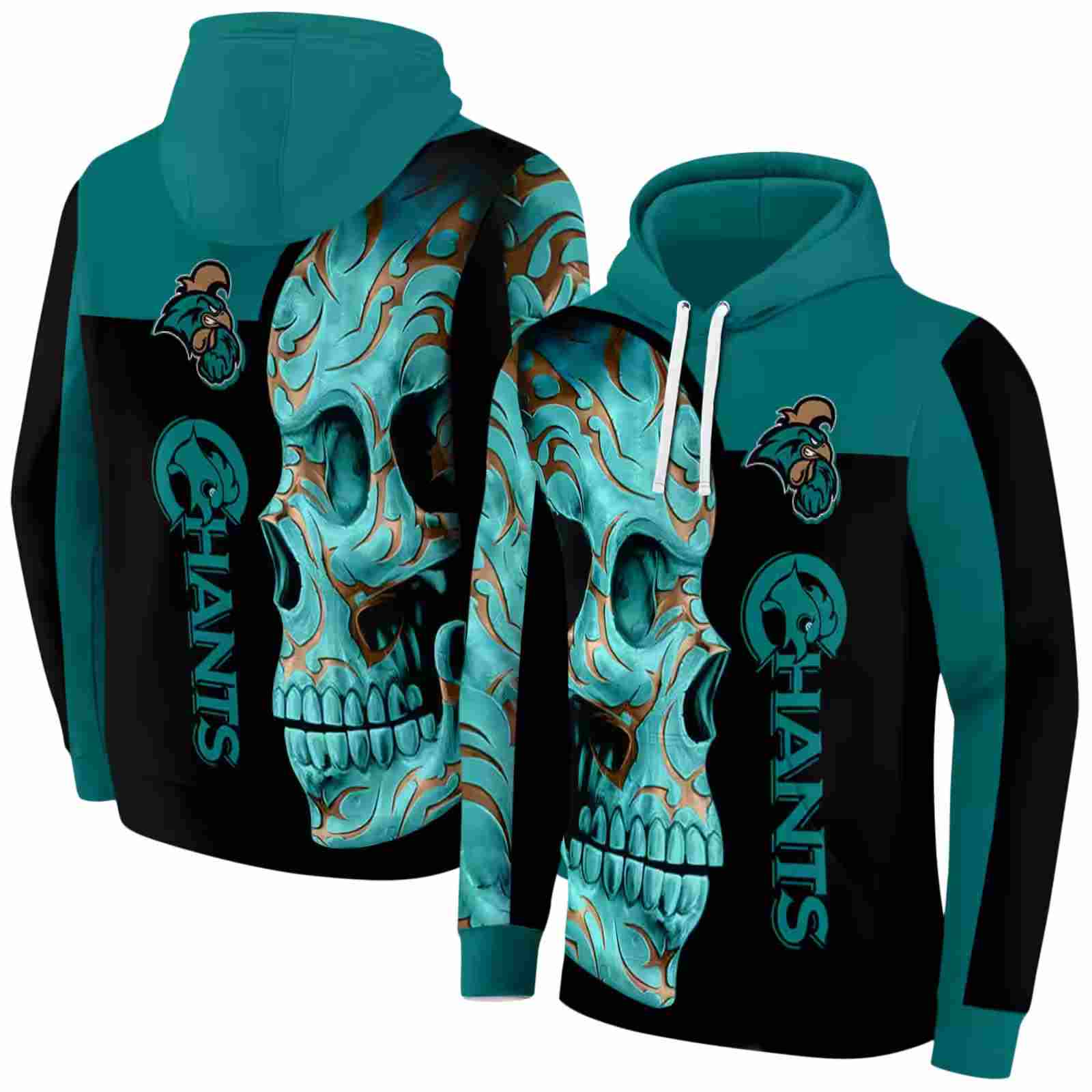 coastal carolina chanticleers skull motif green black hoodie fashion forward