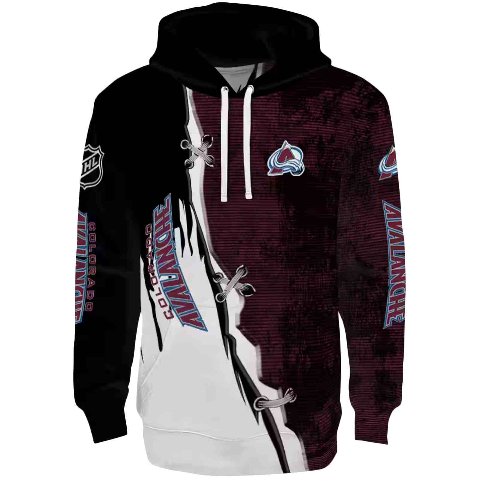 Colorado Avalanche Ripped Pattern Burgundy Black White Hoodie