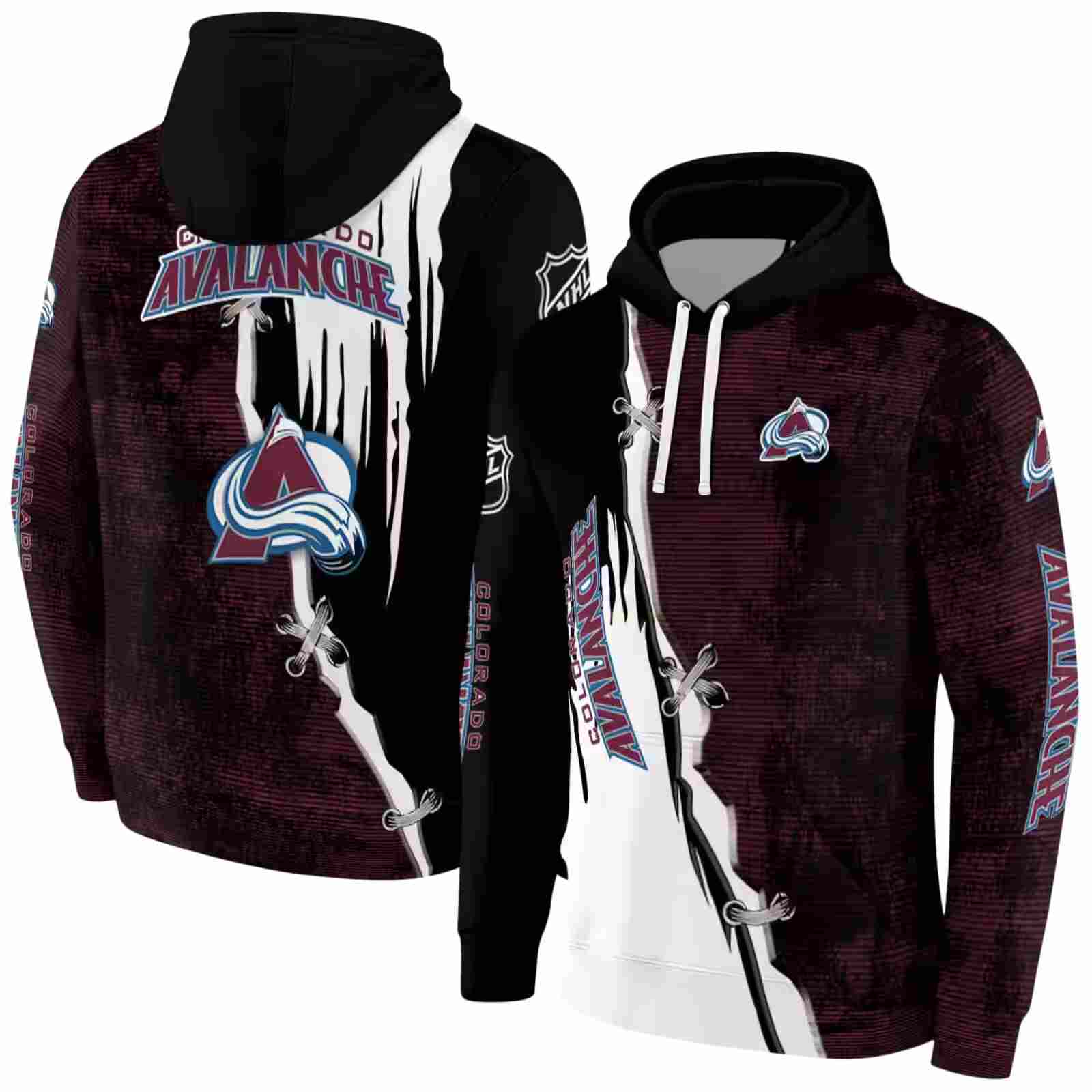 colorado avalanche ripped pattern burgundy black white hoodie fashion forward