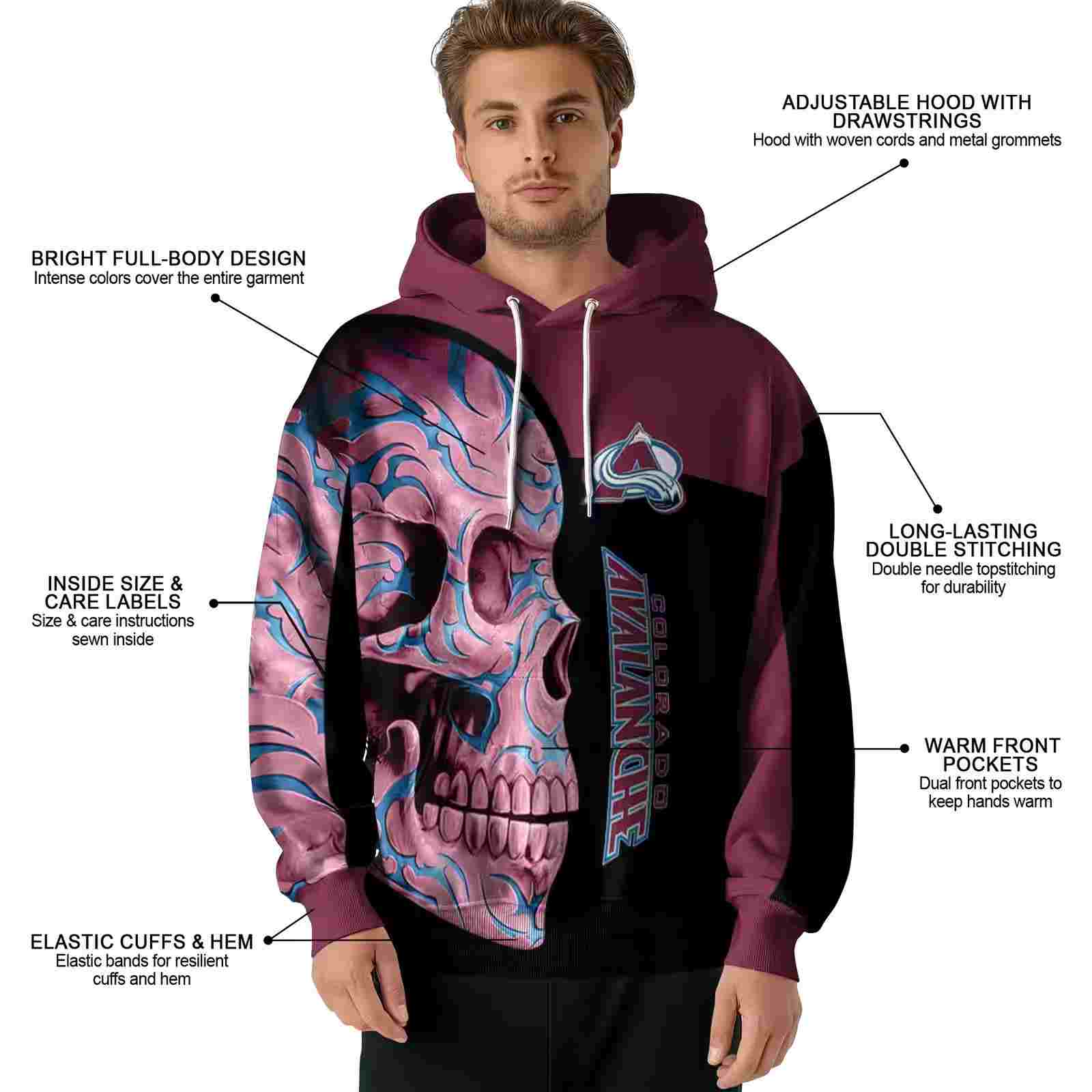 colorado avalanche skull motif burgundy black hoodie latest model