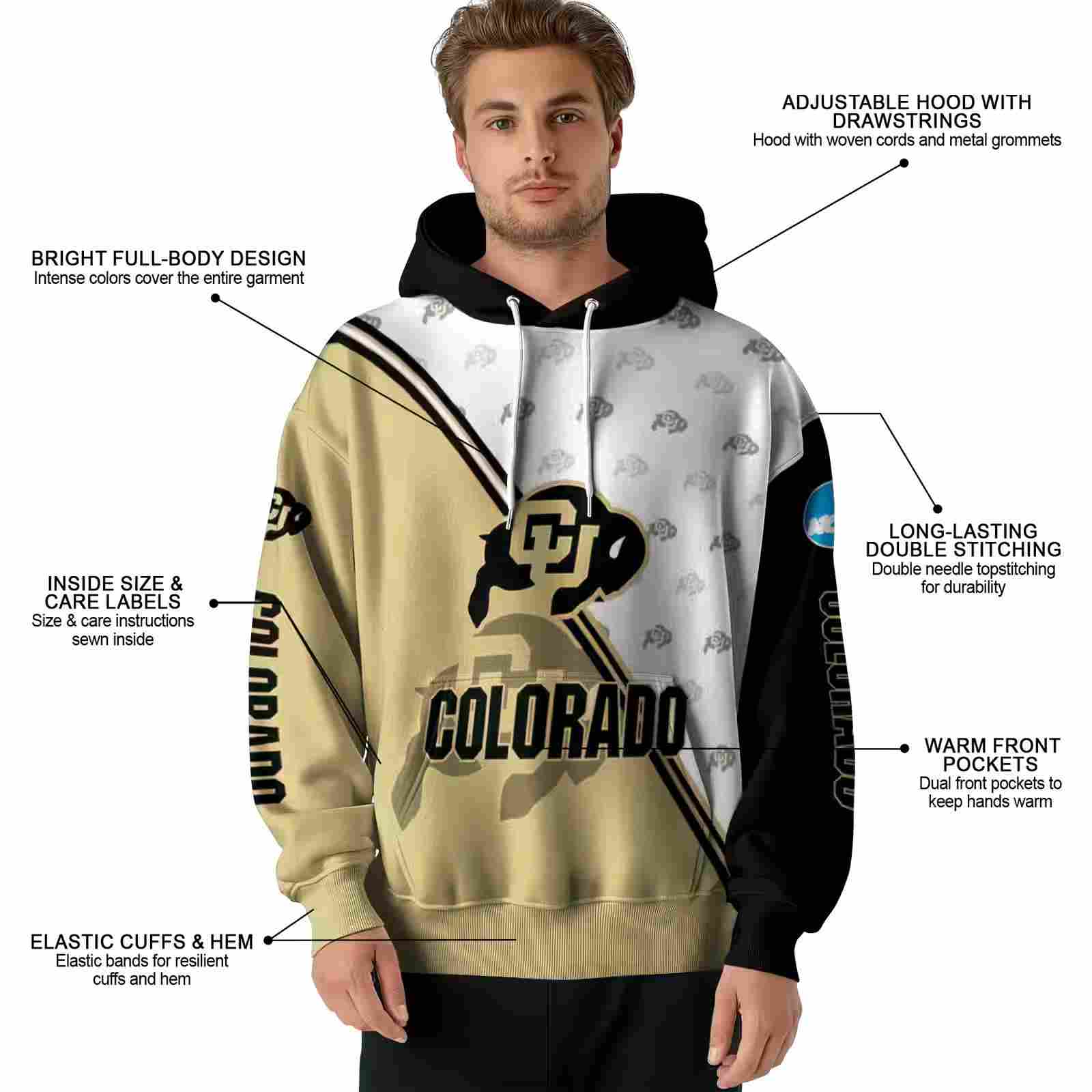 colorado buffaloes diagonal stripe gold white hoodie latest model