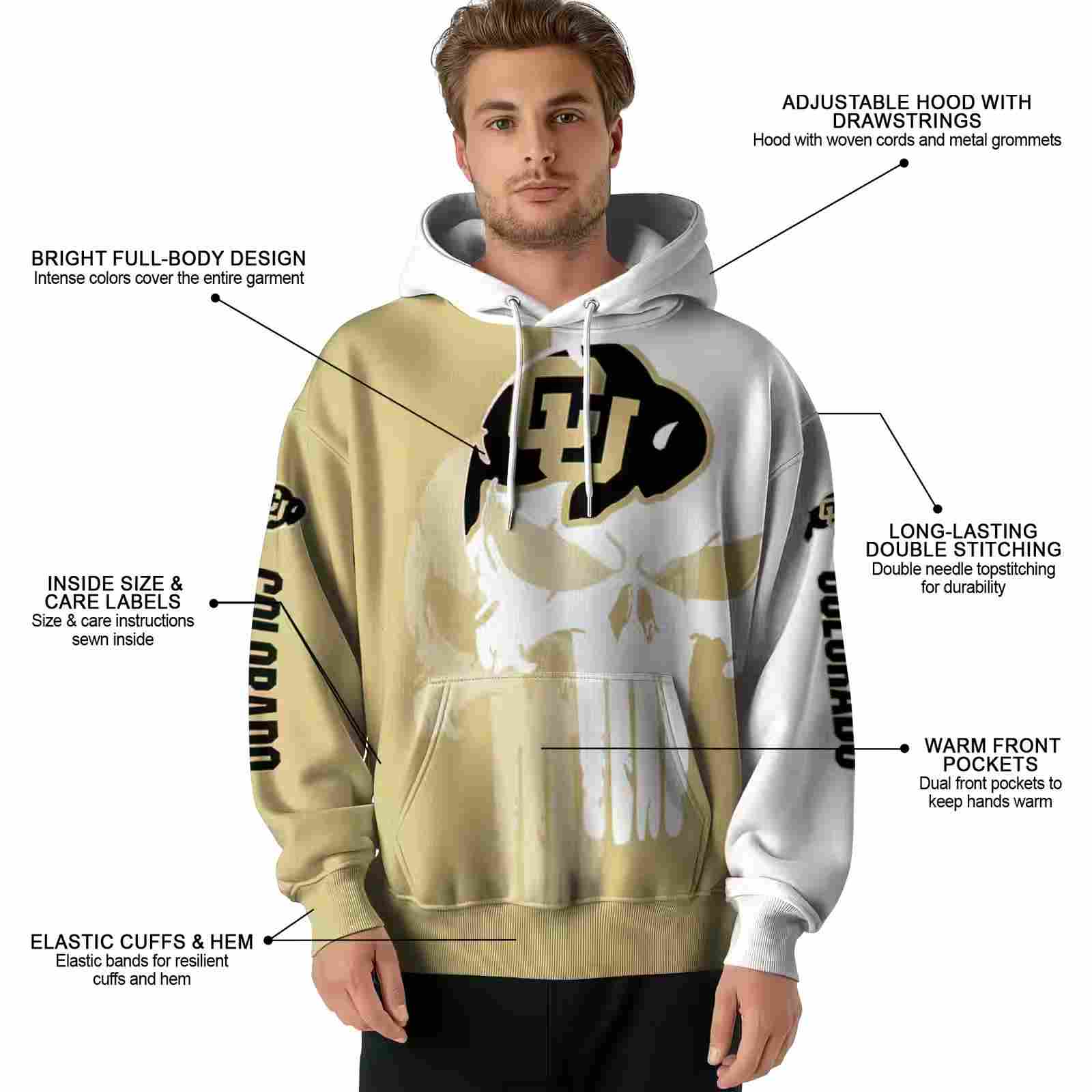 colorado buffaloes graphic punisher gold white hoodie latest model