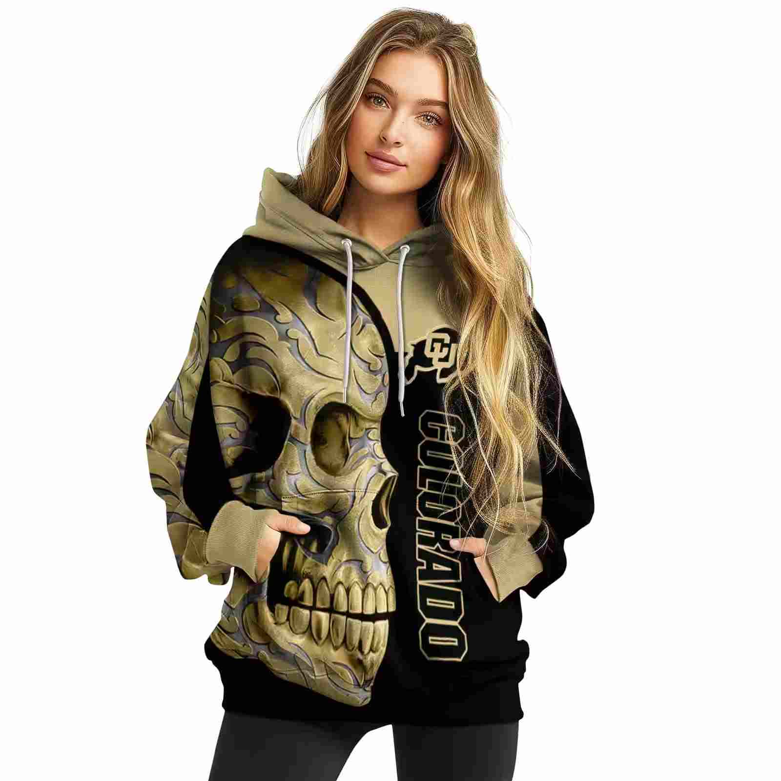 colorado buffaloes skull motif gold black hoodie high quality