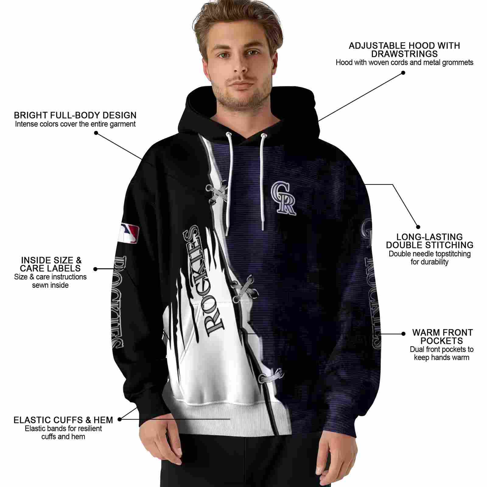 colorado rockies ripped pattern blue black white hoodie latest model