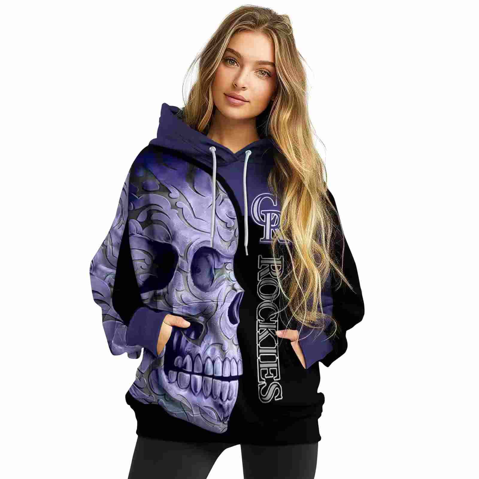 colorado rockies skull motif blue black hoodie high quality