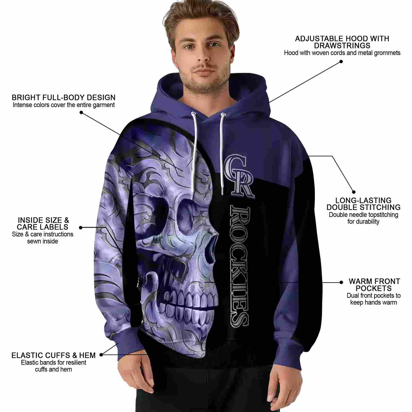 colorado rockies skull motif blue black hoodie latest model