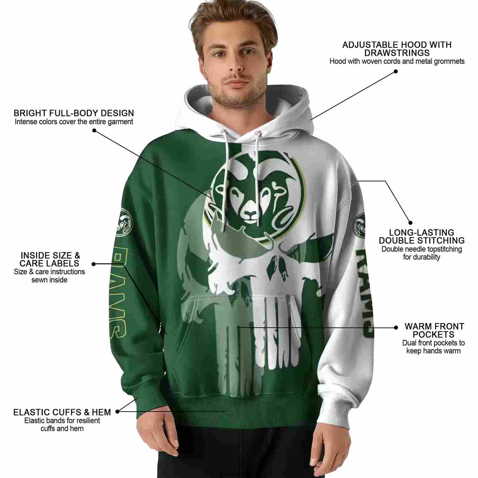 colorado state rams graphic punisher green white hoodie latest model