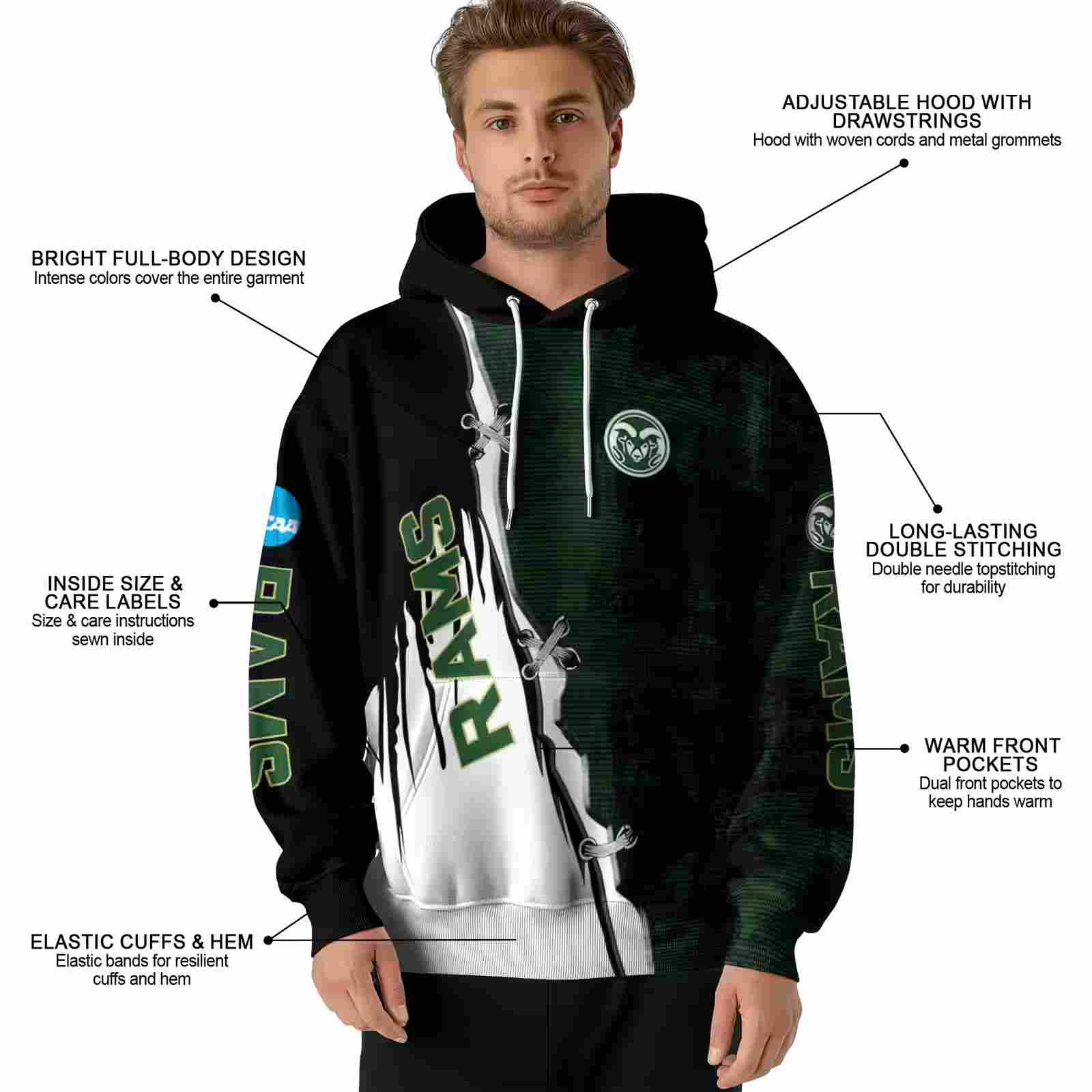 colorado state rams ripped pattern green black white hoodie latest model