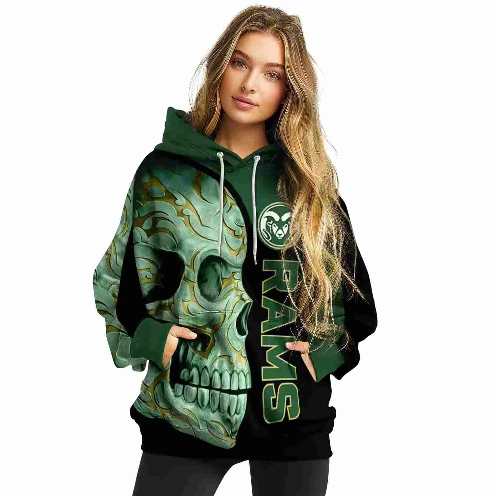 colorado state rams skull motif green black hoodie high quality