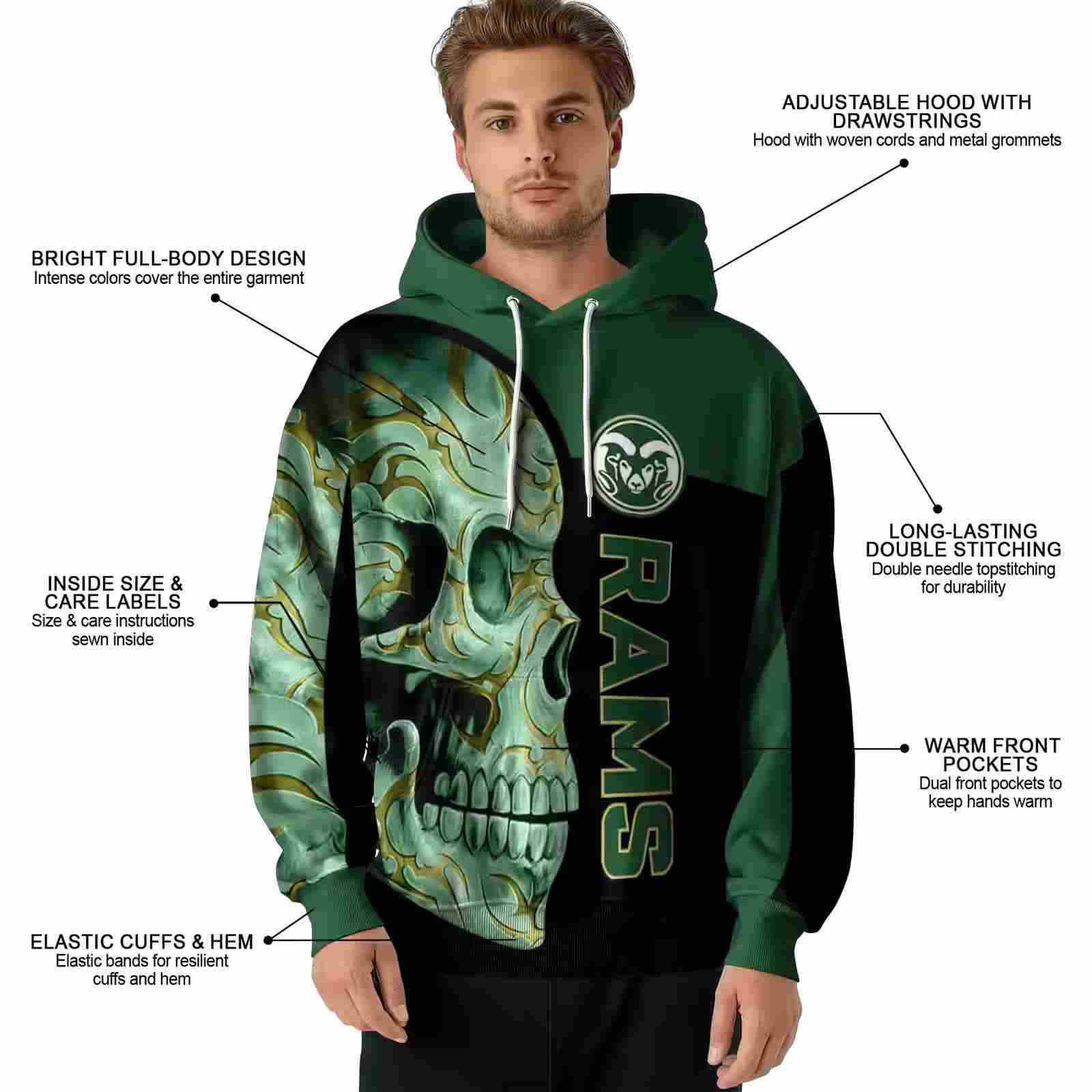 colorado state rams skull motif green black hoodie latest model