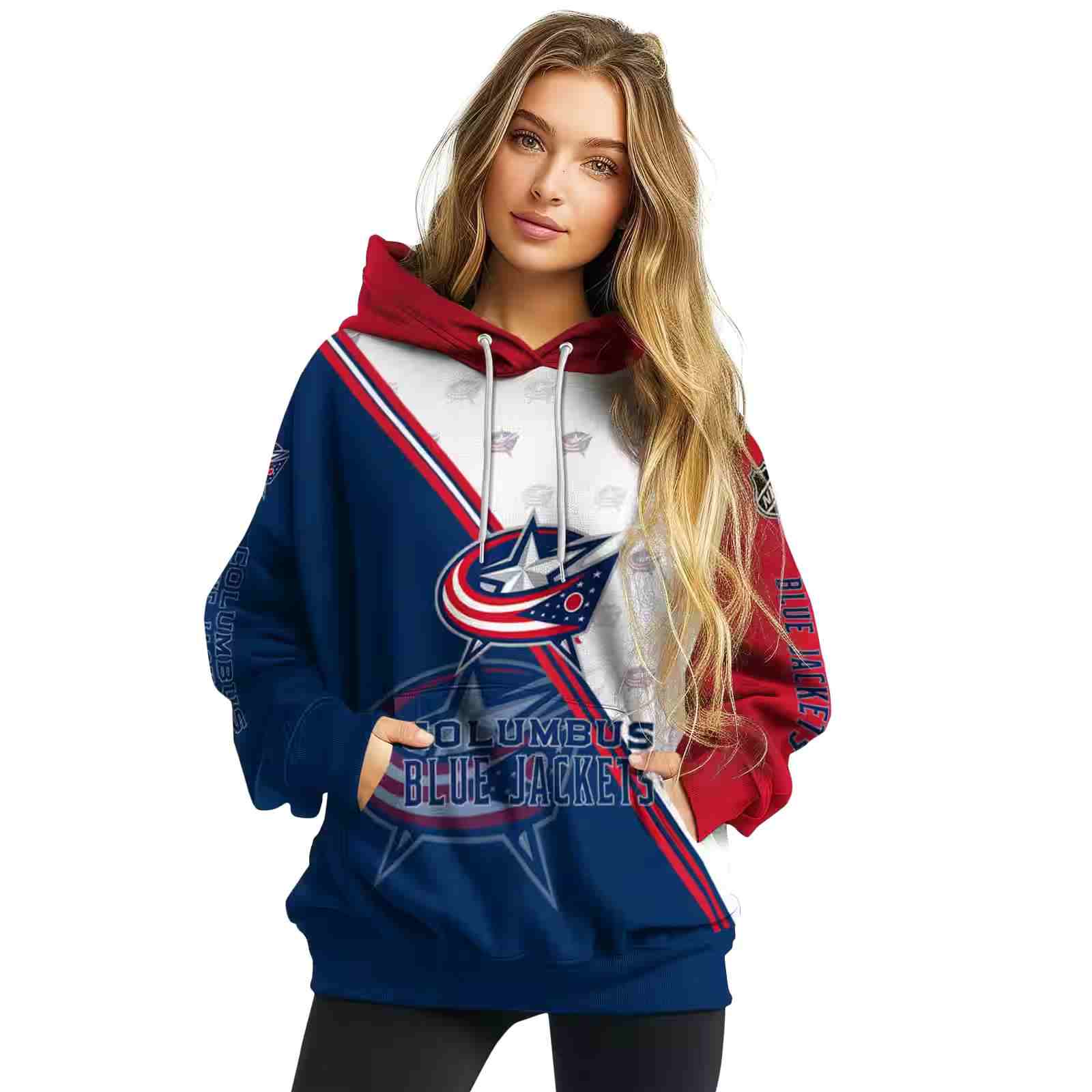 columbus blue jackets diagonal stripe navy blue white hoodie high quality