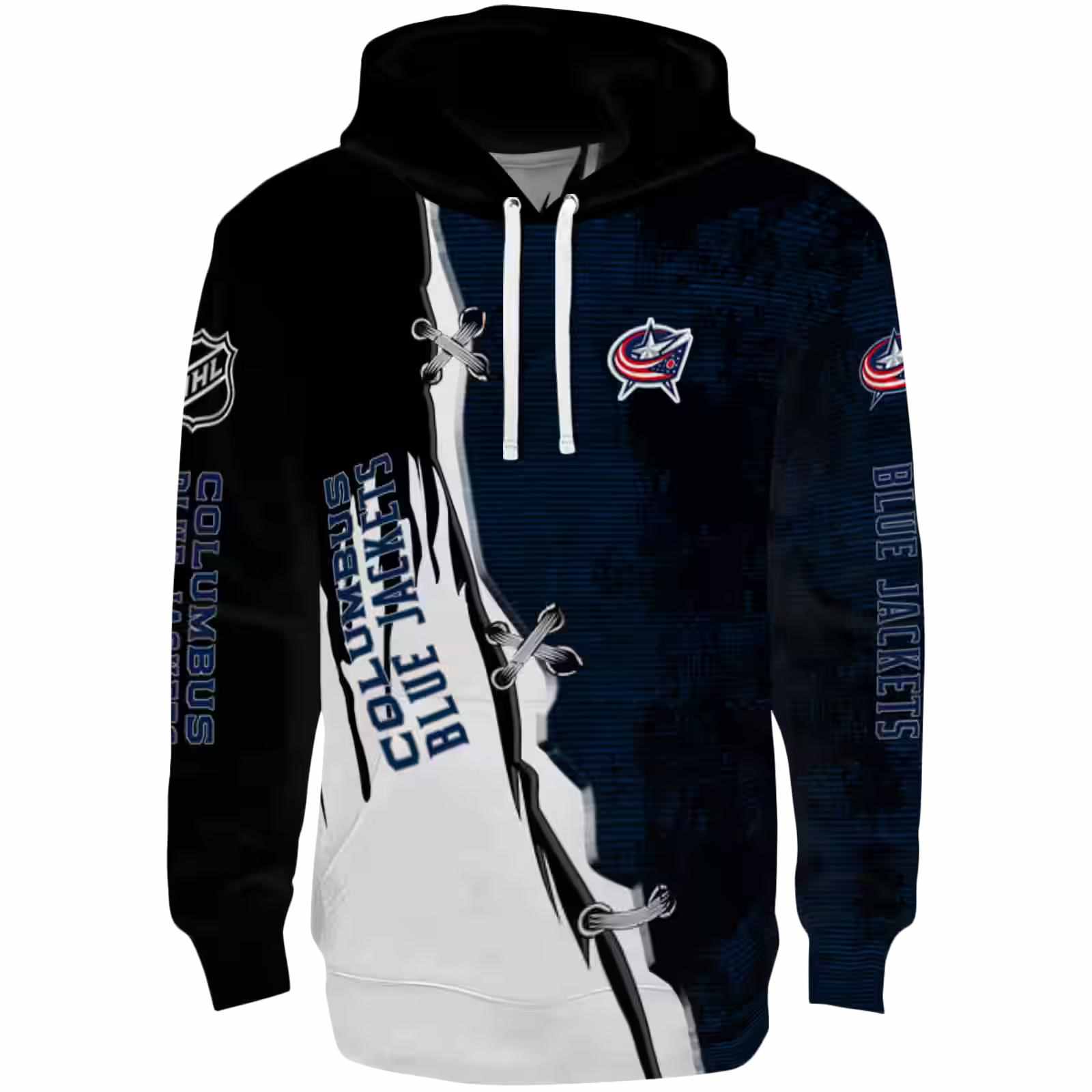 Columbus Blue Jackets Ripped Pattern Navy Blue Black White Hoodie