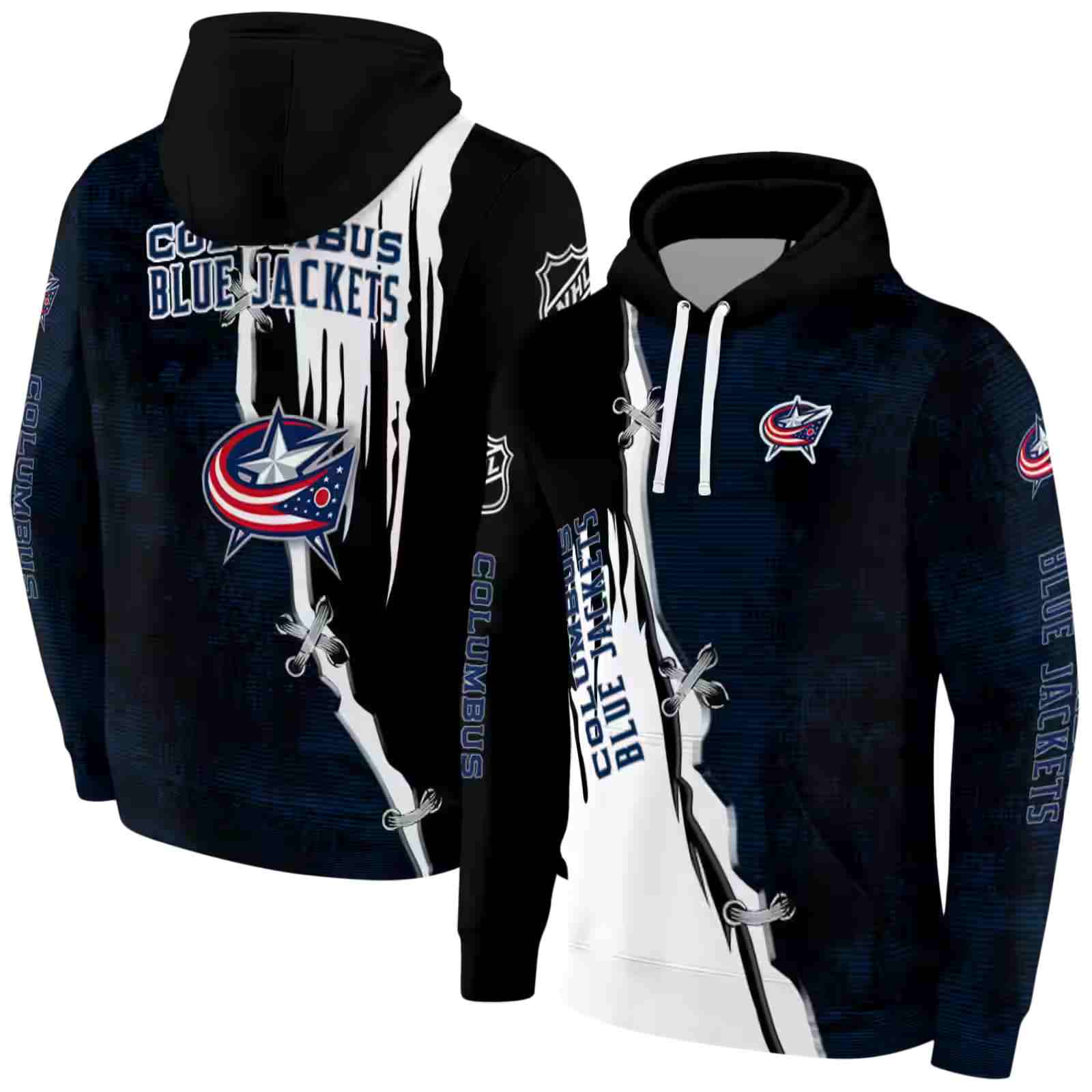 columbus blue jackets ripped pattern navy blue black white hoodie fashion forward