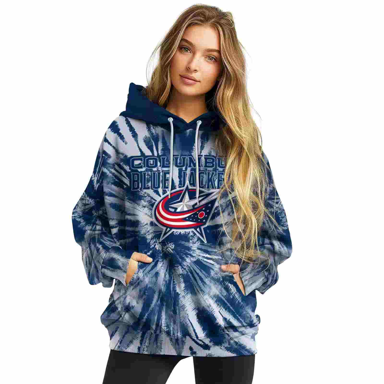 columbus blue jackets tie dye pattern navy blue hoodie high quality