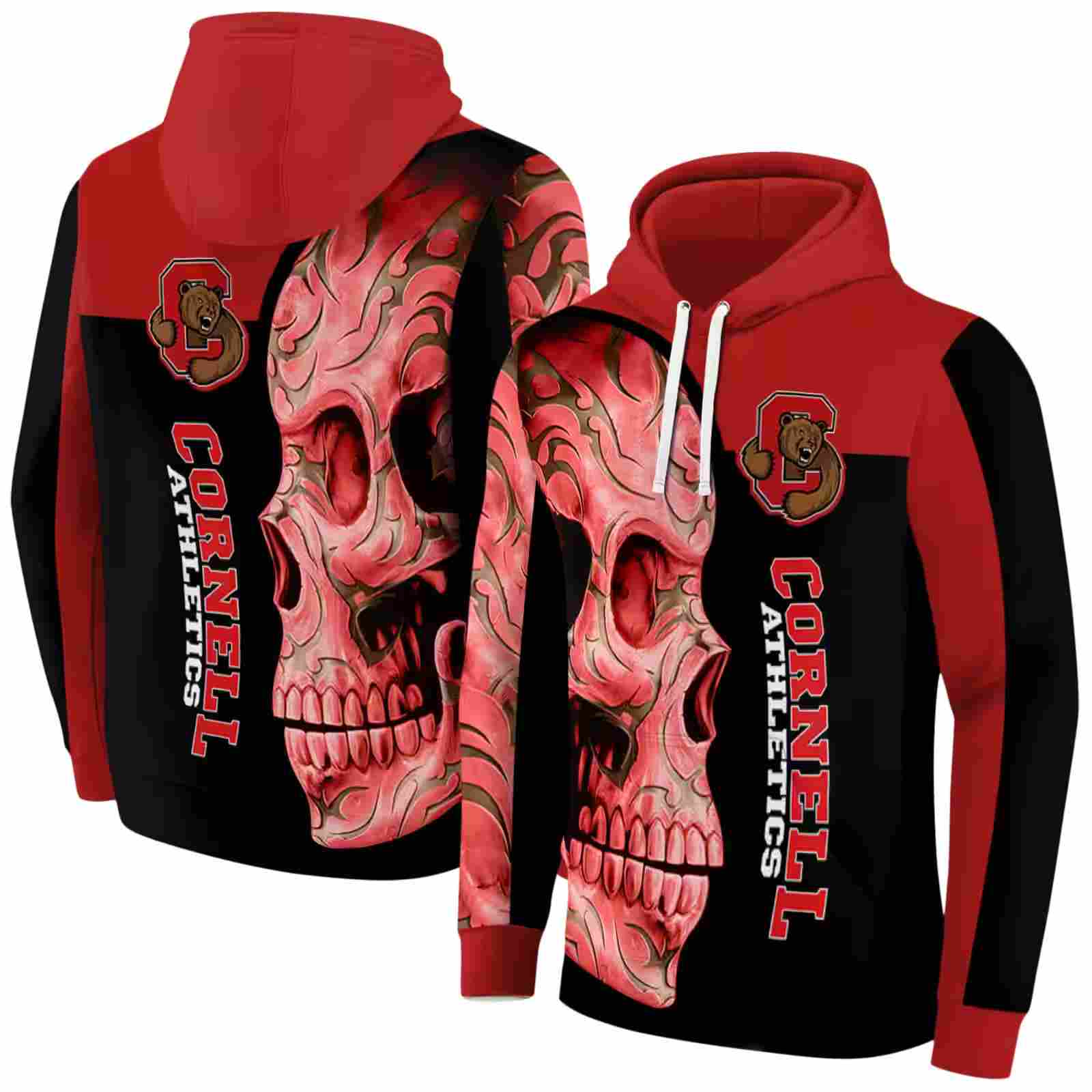 cornell big red skull motif red black hoodie fashion forward