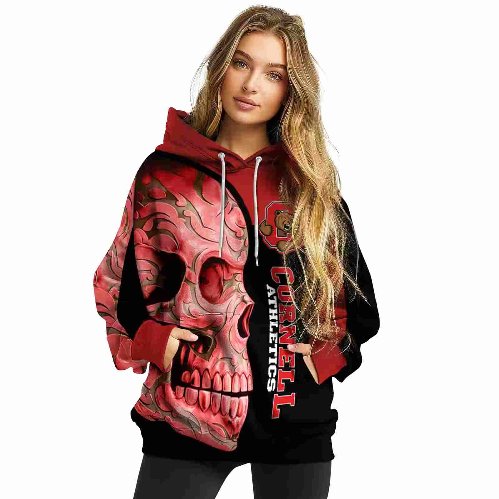 cornell big red skull motif red black hoodie high quality