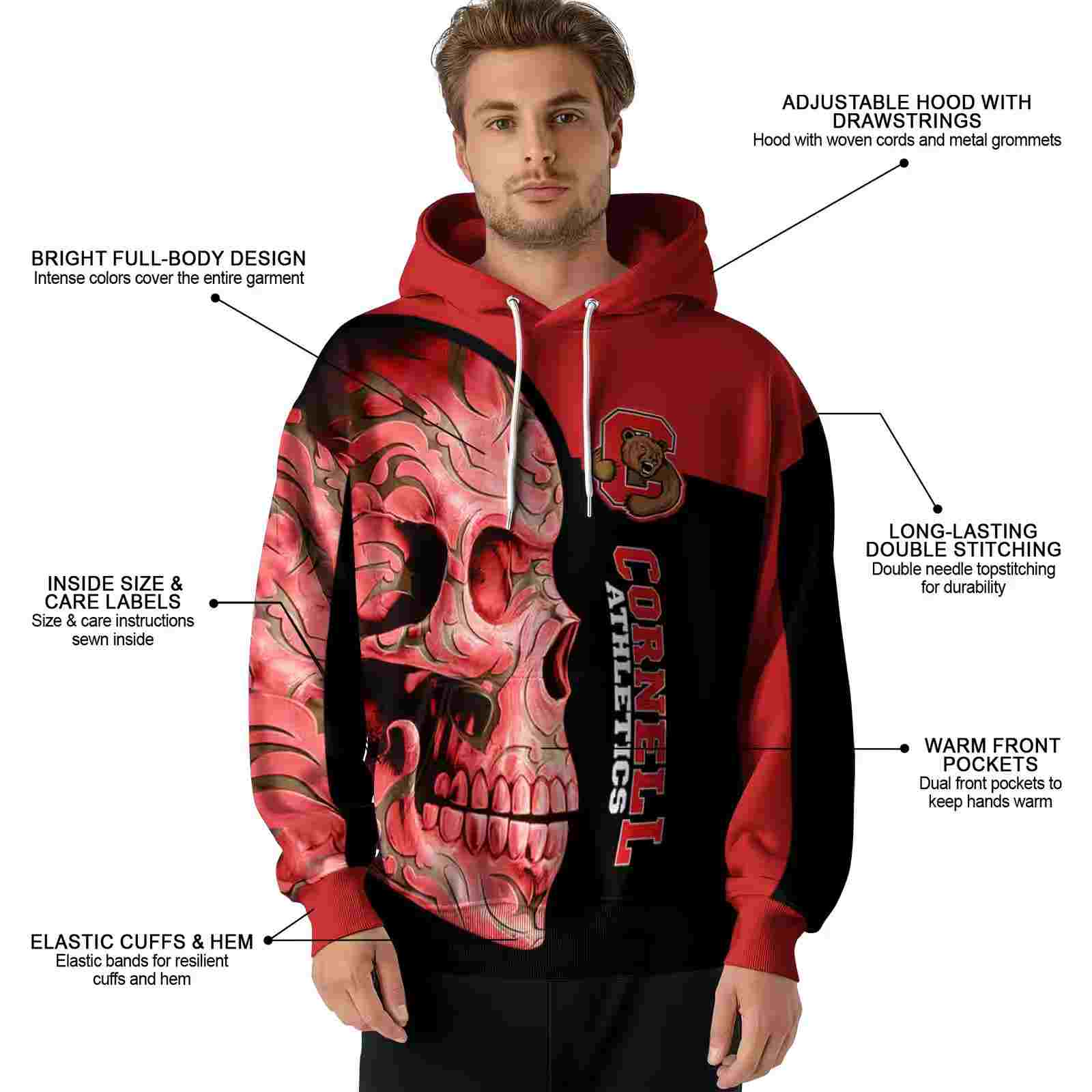 cornell big red skull motif red black hoodie latest model