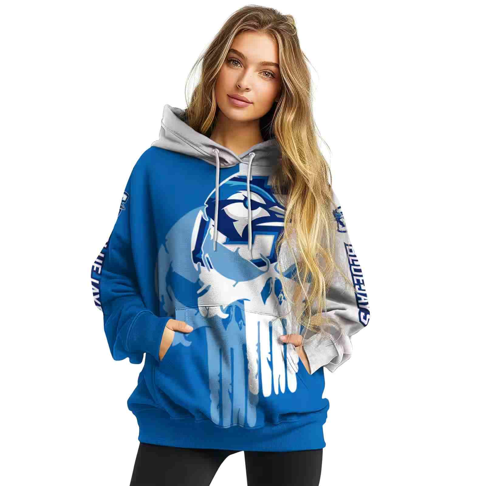 creighton bluejays graphic punisher blue white hoodie high quality