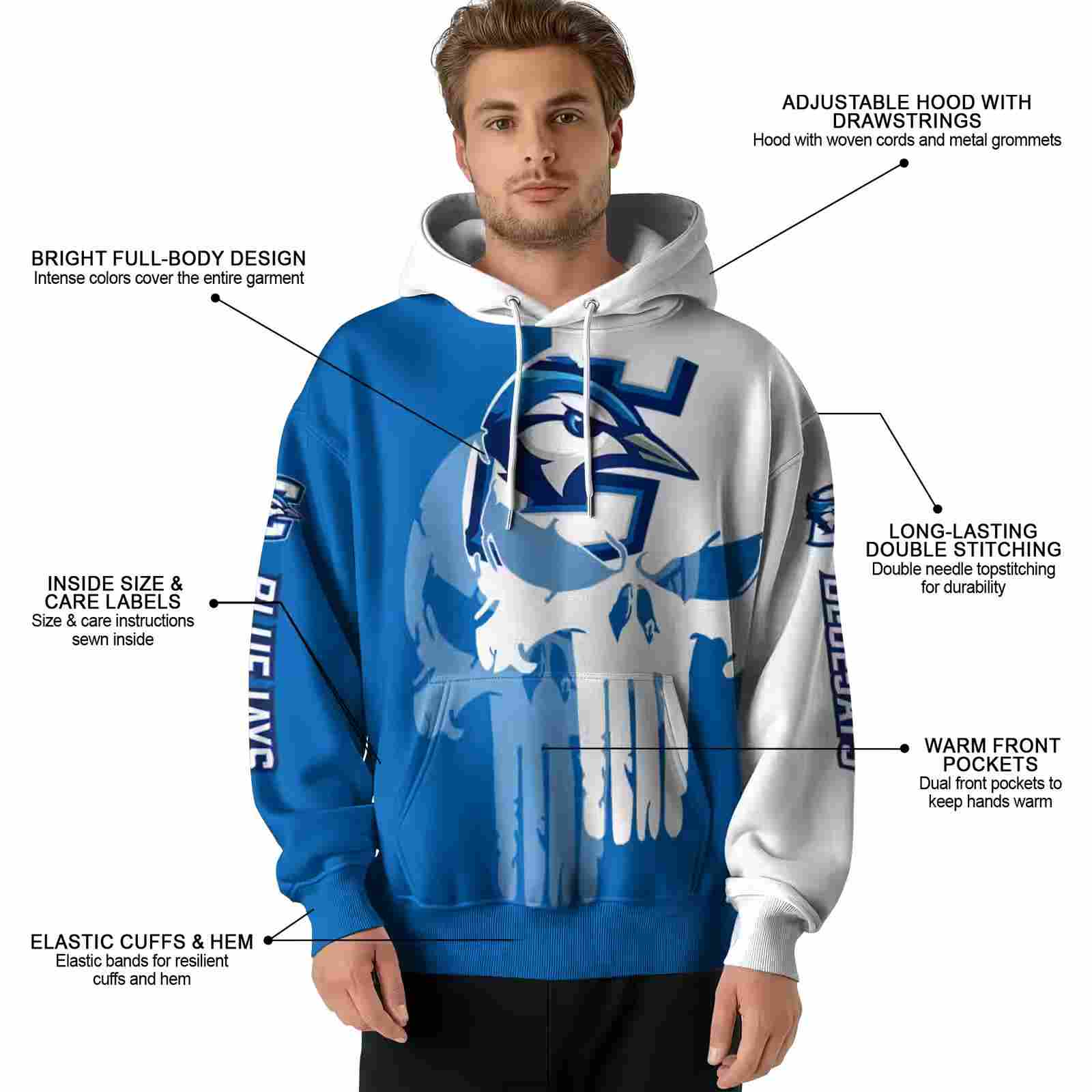 creighton bluejays graphic punisher blue white hoodie latest model