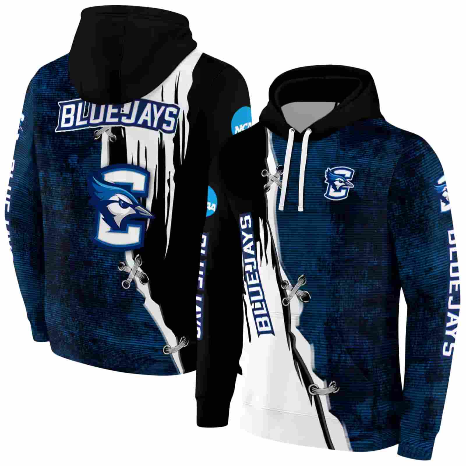 creighton bluejays ripped pattern blue black white hoodie fashion forward