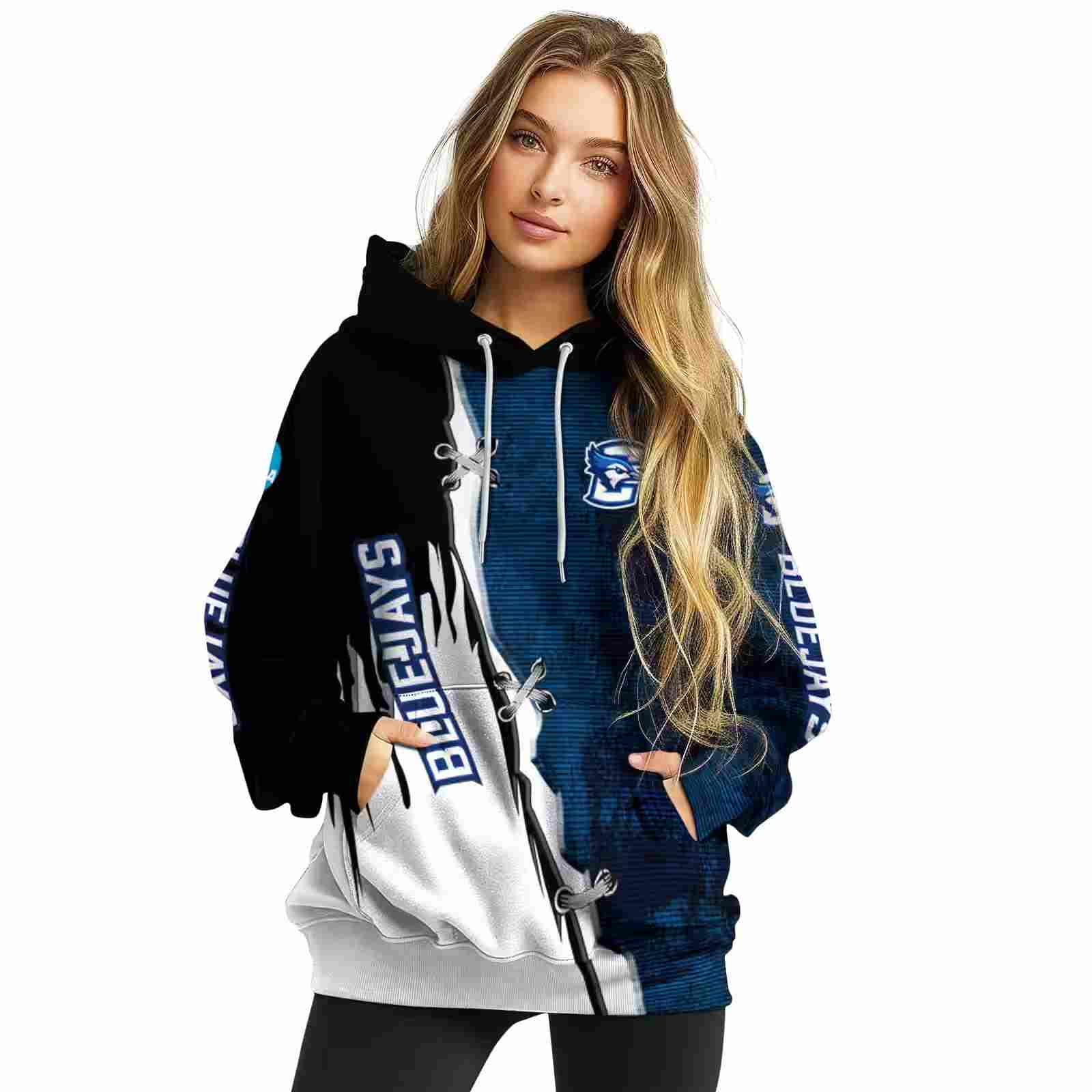 creighton bluejays ripped pattern blue black white hoodie high quality