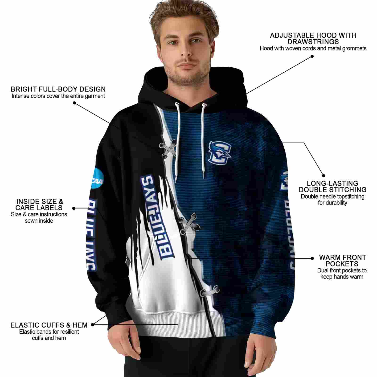 creighton bluejays ripped pattern blue black white hoodie latest model