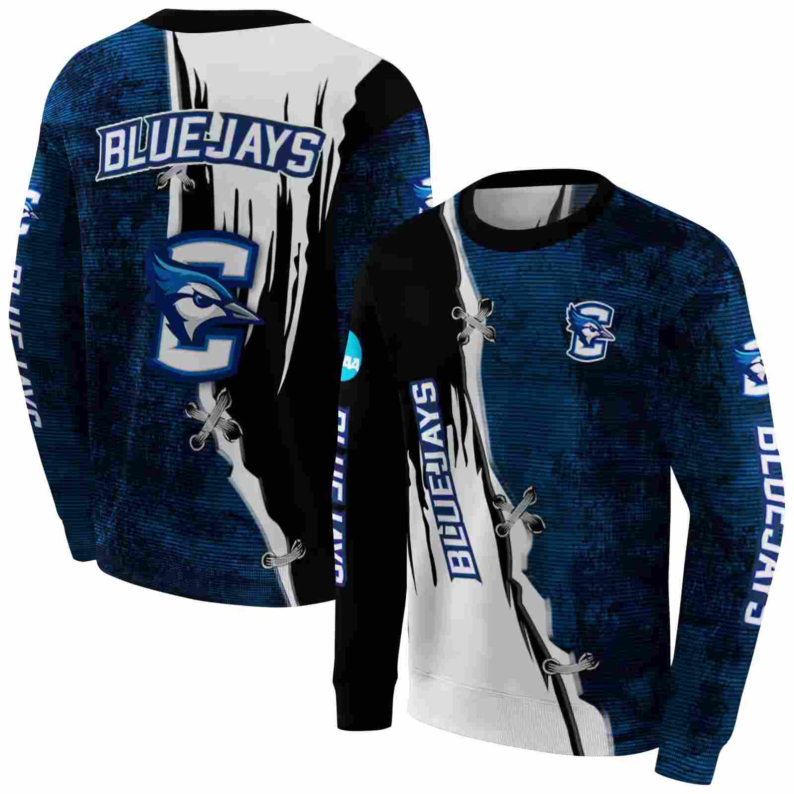 creighton bluejays ripped pattern blue black white hoodie premium grade