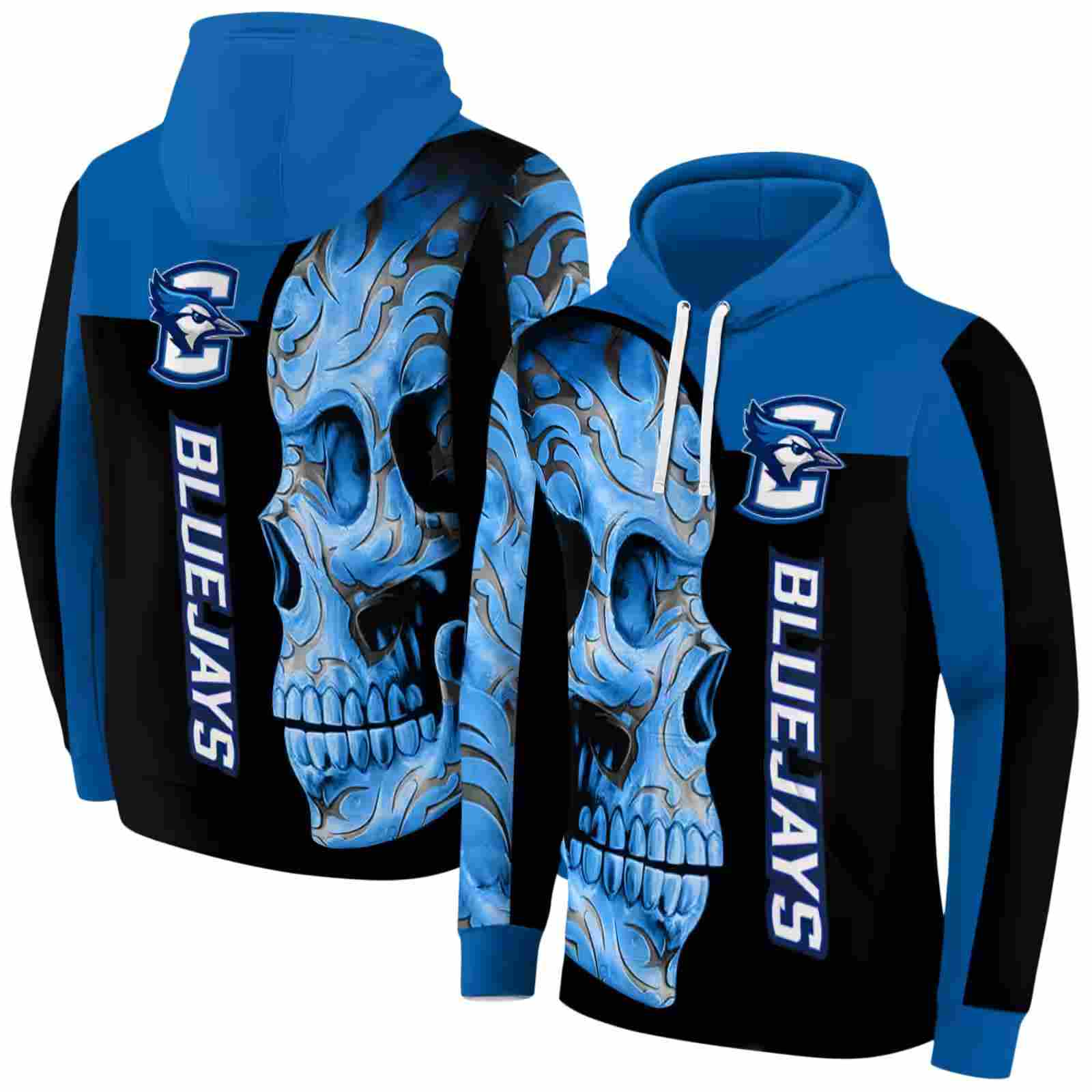 creighton bluejays skull motif blue black hoodie fashion forward