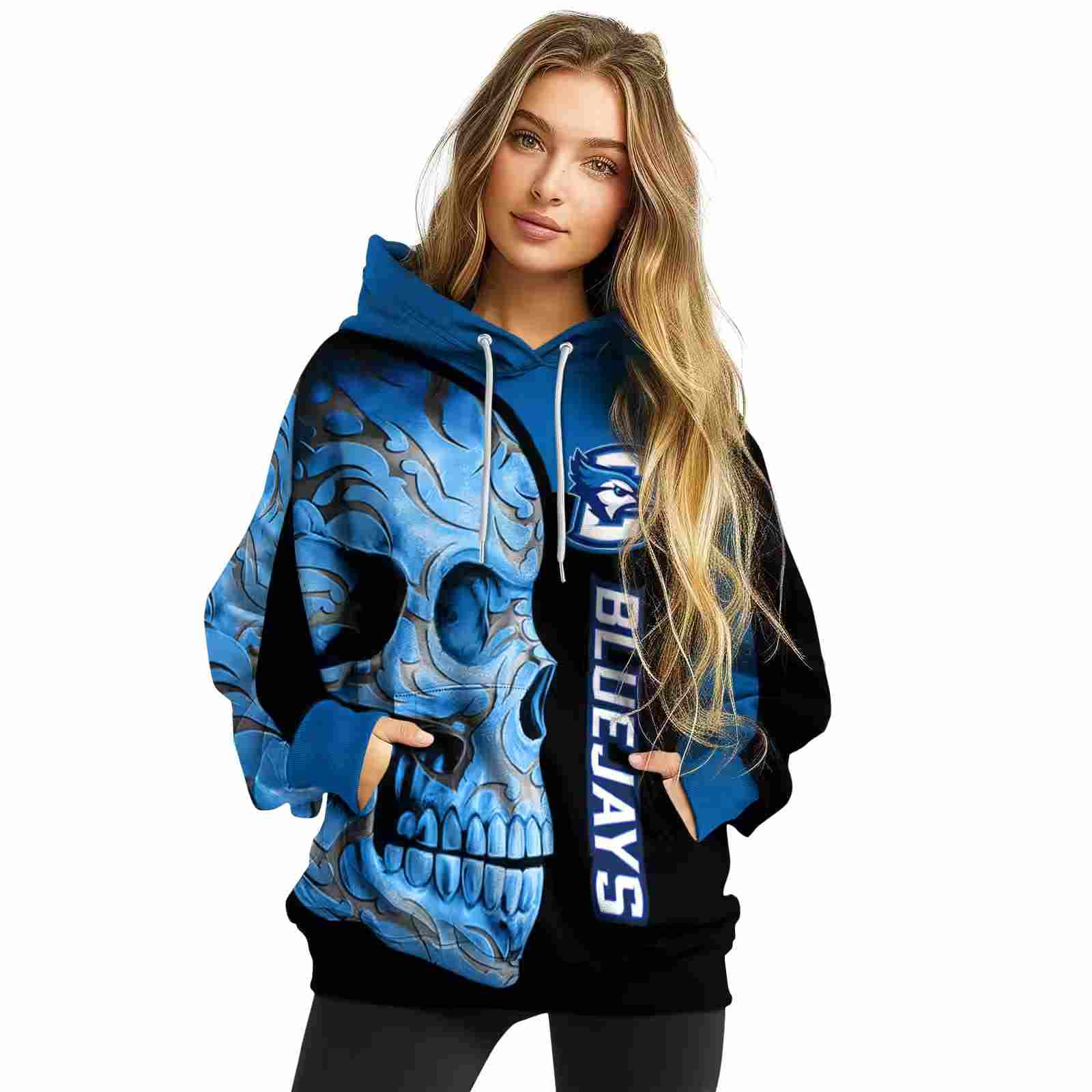 creighton bluejays skull motif blue black hoodie high quality