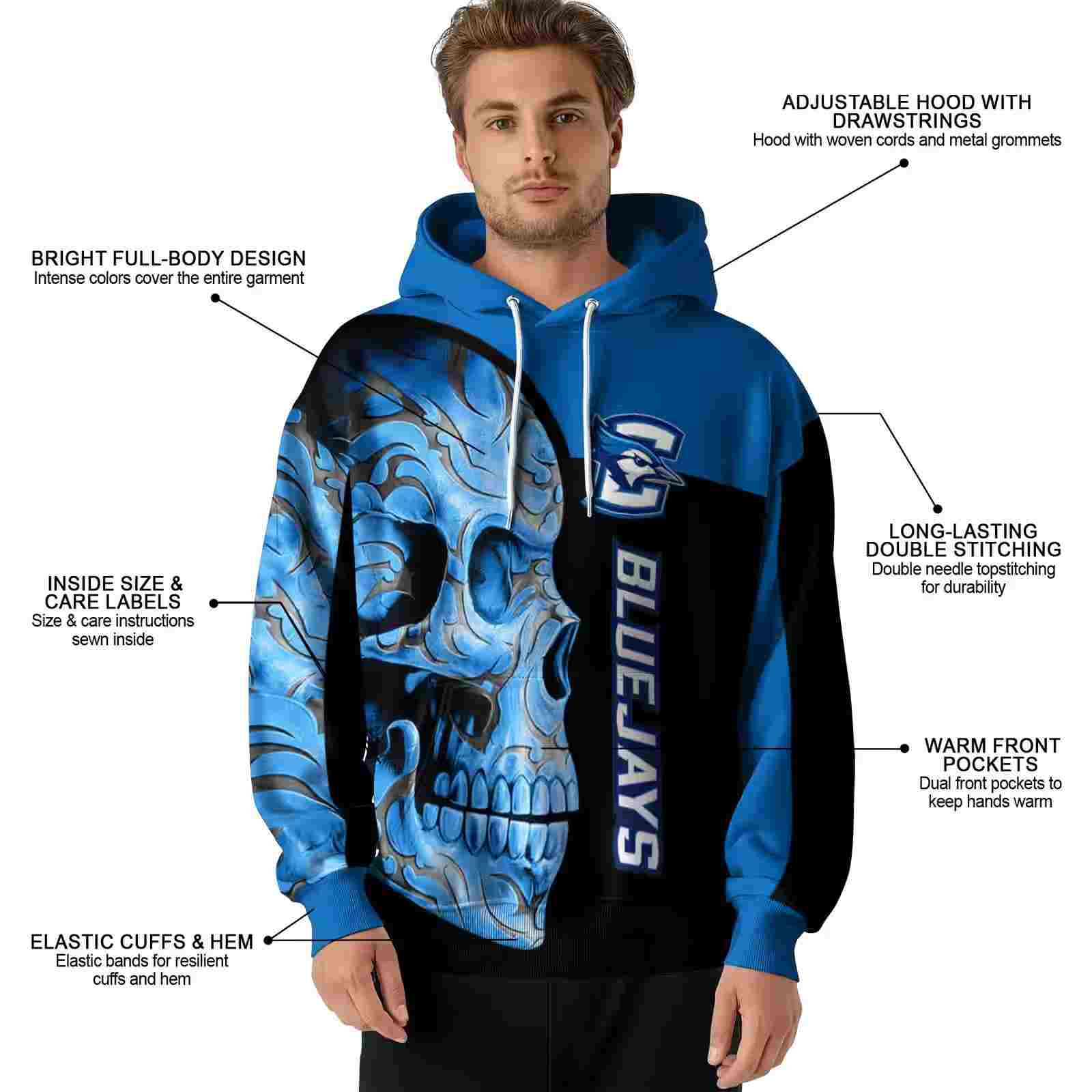 creighton bluejays skull motif blue black hoodie latest model