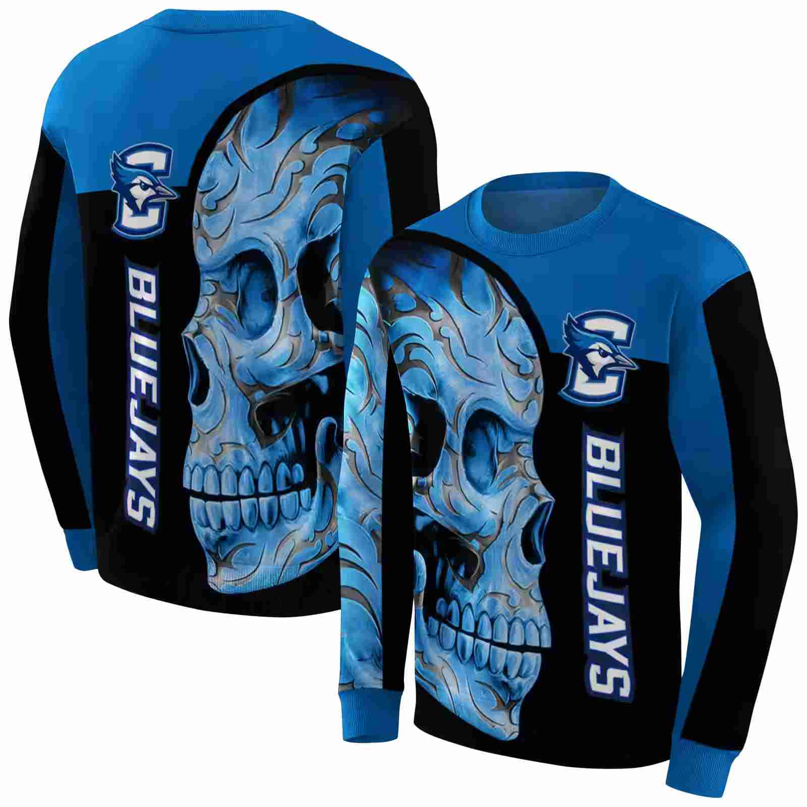 creighton bluejays skull motif blue black hoodie premium grade