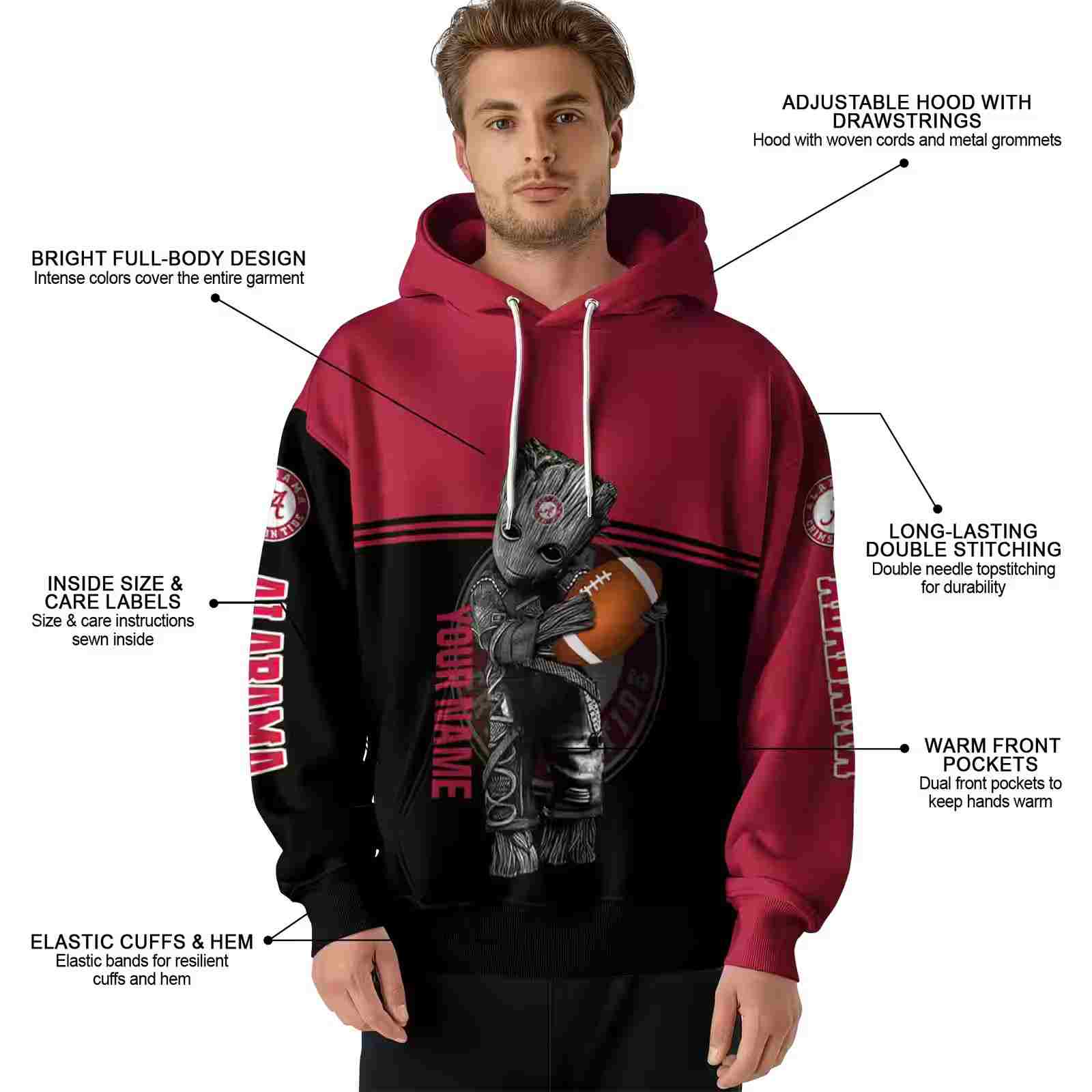 custom alabama crimson tide baby groot crimson black hoodie latest model