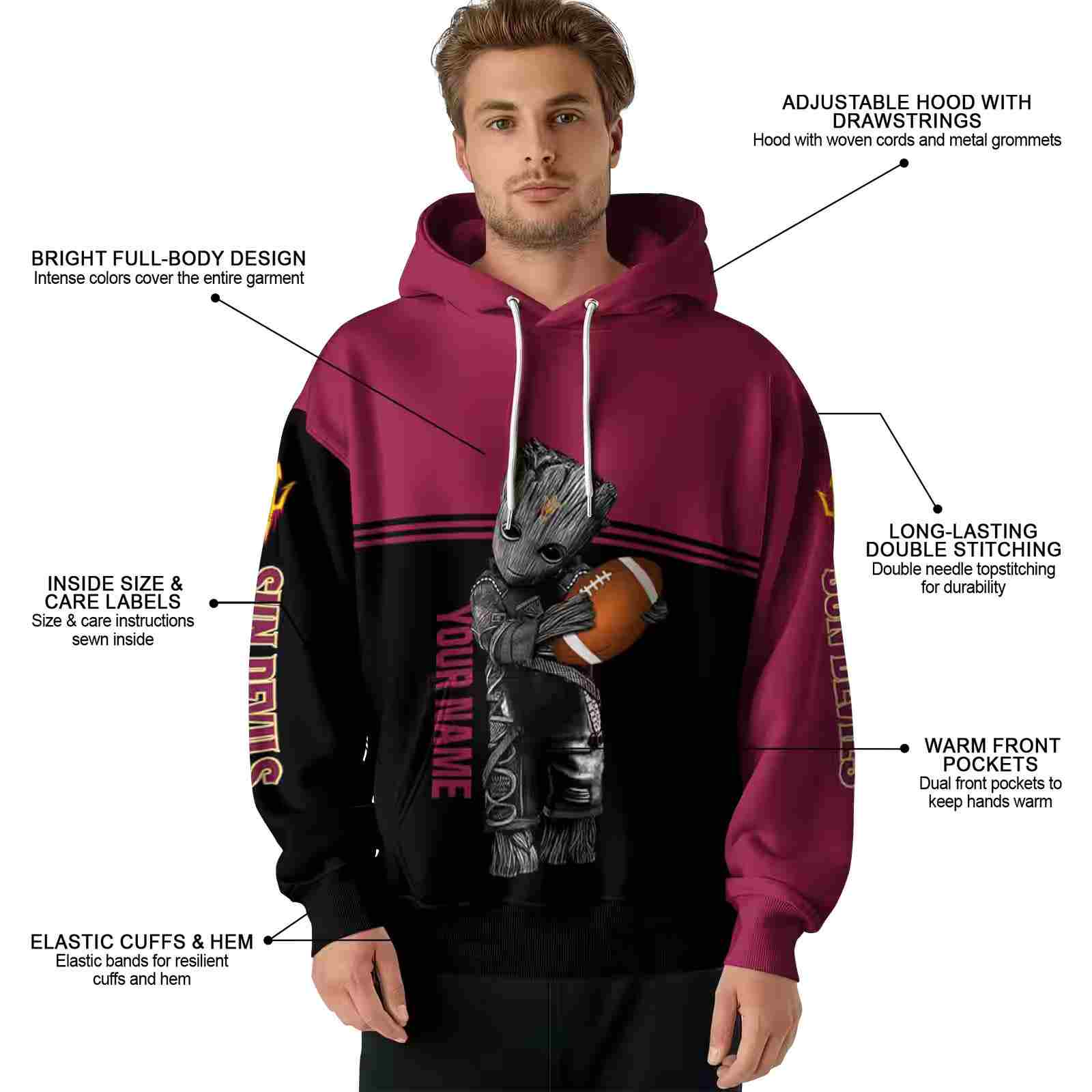 custom arizona state sun devils baby groot maroon black hoodie latest model