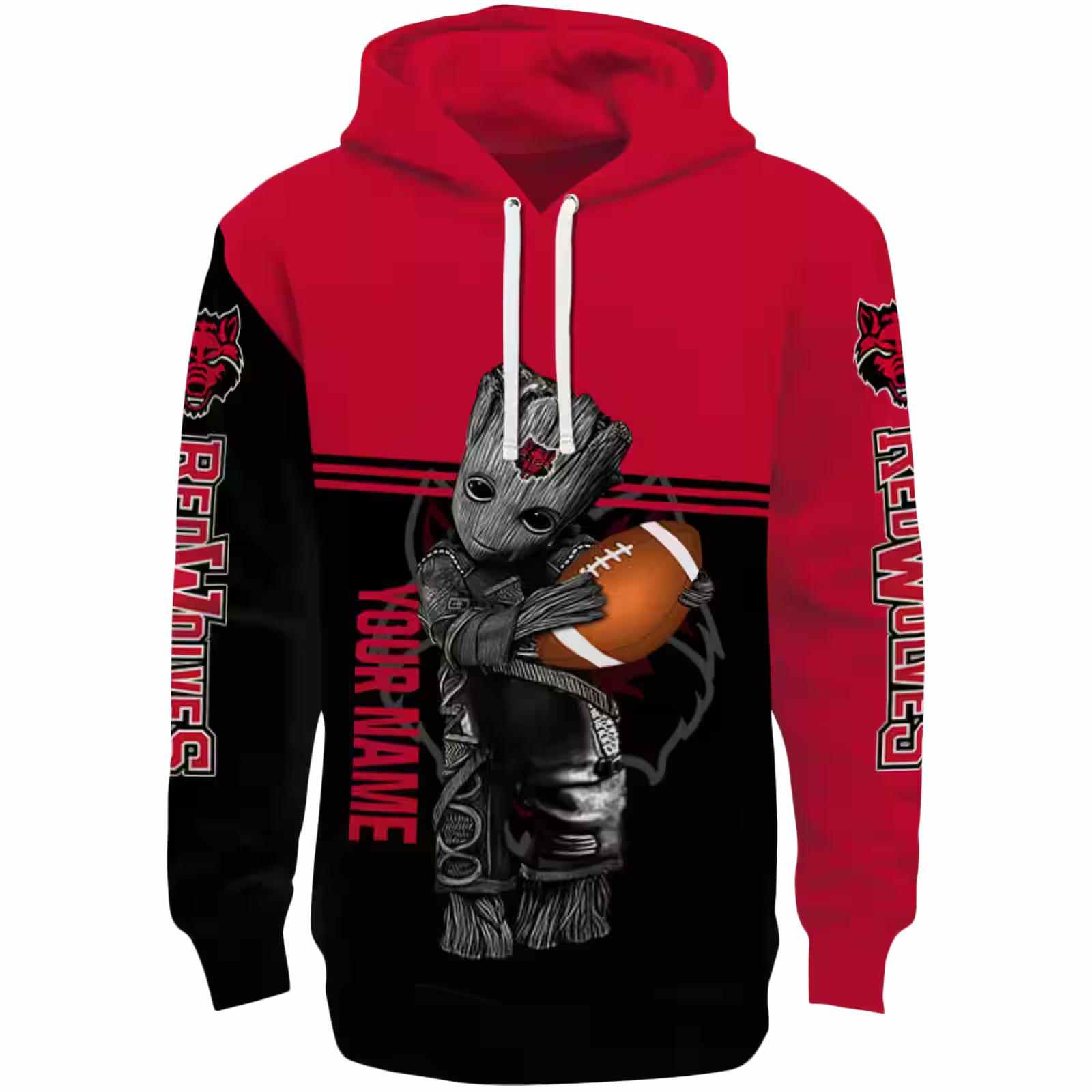 Custom Arkansas State Red Wolves Baby Groot Scarlet Black Hoodie